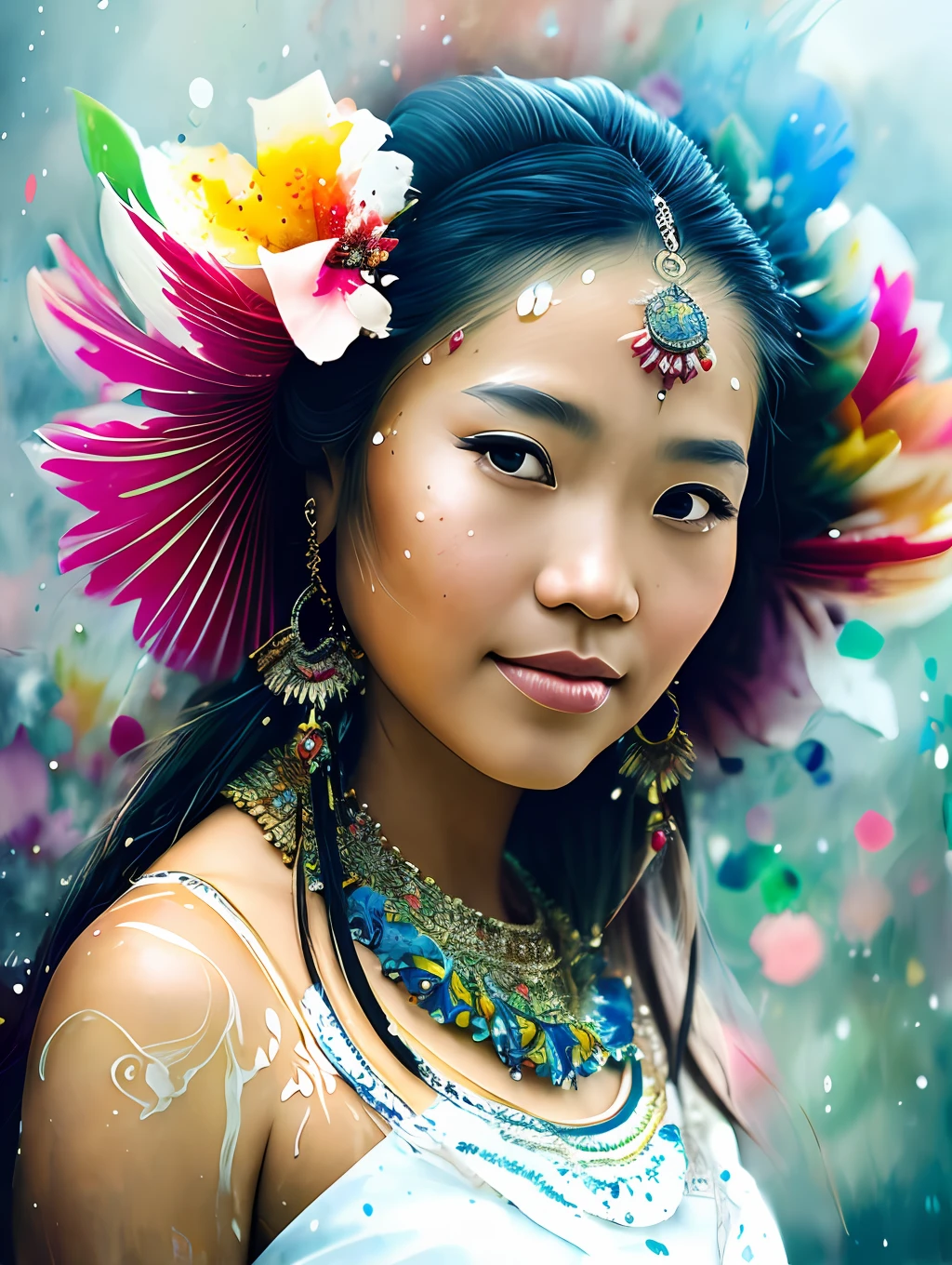 An exotic Hawaiian ethnic traditional dancer, detailed and sharp focus on her face, ultra details, hi-res, portrait by Willem Haenraets, watercolor, wet on wet and splattering techniques, centered, perfect composition, abstraction, surrealism, trending on artstation, sharp focus, studio photo, intricate details, highly detailed, by Greg Rutkowski