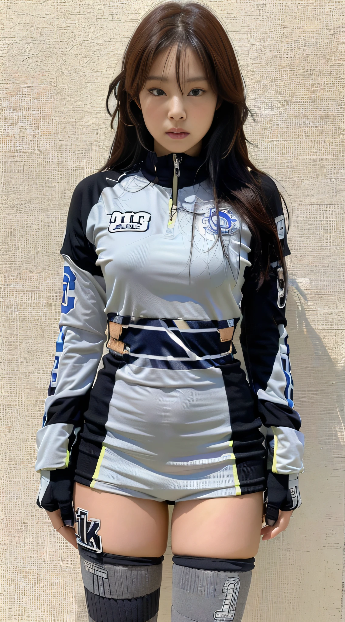 (1girl:1.3), Solo, __body-parts__, Kim Ji-ni Jennie face, wearing trendy brand, football uniform, world-weary face, cold eyes, Korean style photo photo, photography lighting, strong contrast, sunlight on the face, world-weary face, high-class sense, cold eyes, feminine, cement gray background, 8k resolution image, intricate symmetrical details. The whole picture goes forward, mainly a woman standing all over her body, with smooth movements and a complete picture.