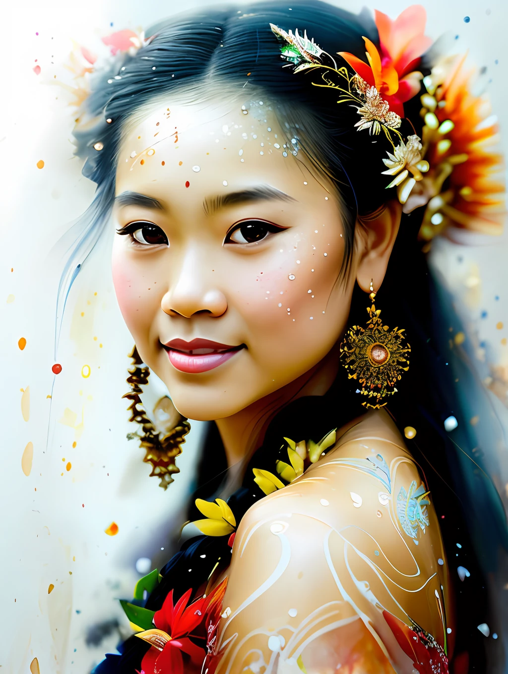 An exotic Hawaiian ethnic traditional dancer, detailed and sharp focus on her face, ultra details, hi-res, portrait by Willem Haenraets, watercolor, wet on wet and splattering techniques, centered, perfect composition, abstraction, surrealism, trending on artstation, sharp focus, studio photo, intricate details, highly detailed, by Greg Rutkowski