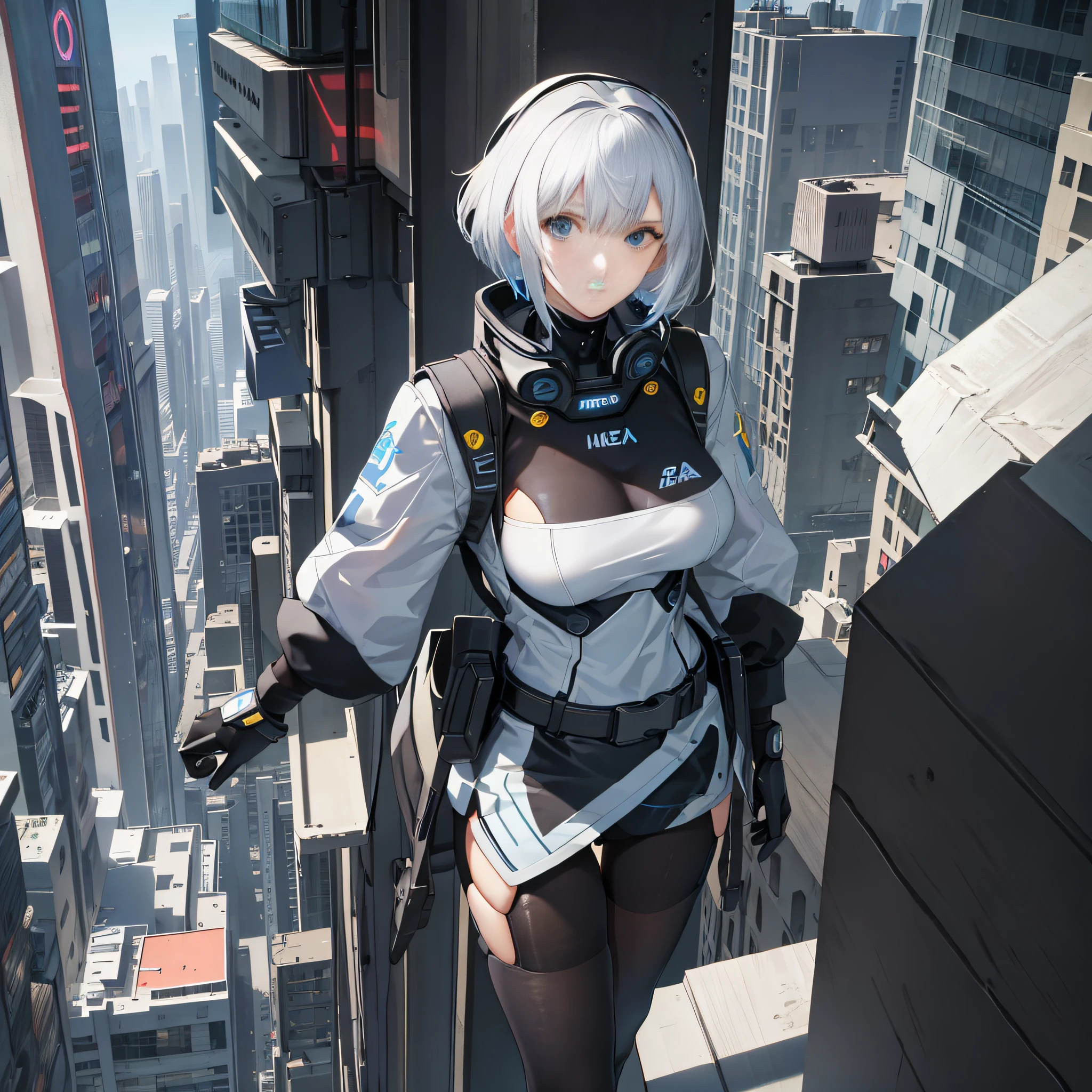 Masterpiece, of the best quality, a girl in a high-tech tights flew out of a high-rise building, neon city, high-rise building, seen from above, mecha wings, short hair, visor