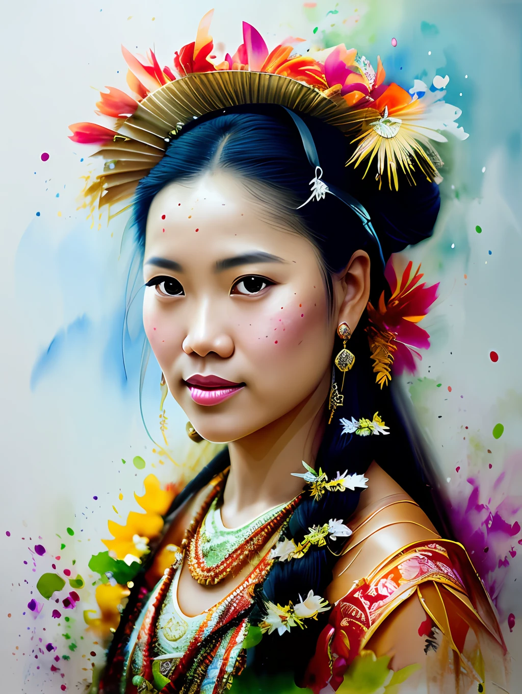 An exotic Hawaiian ethnic traditional dancer, detailed and sharp focus on her face, ultra details, hi-res, portrait by Willem Haenraets, watercolor, wet on wet and splattering techniques, centered, perfect composition, abstraction, surrealism, trending on artstation, sharp focus, studio photo, intricate details, highly detailed, by Greg Rutkowski