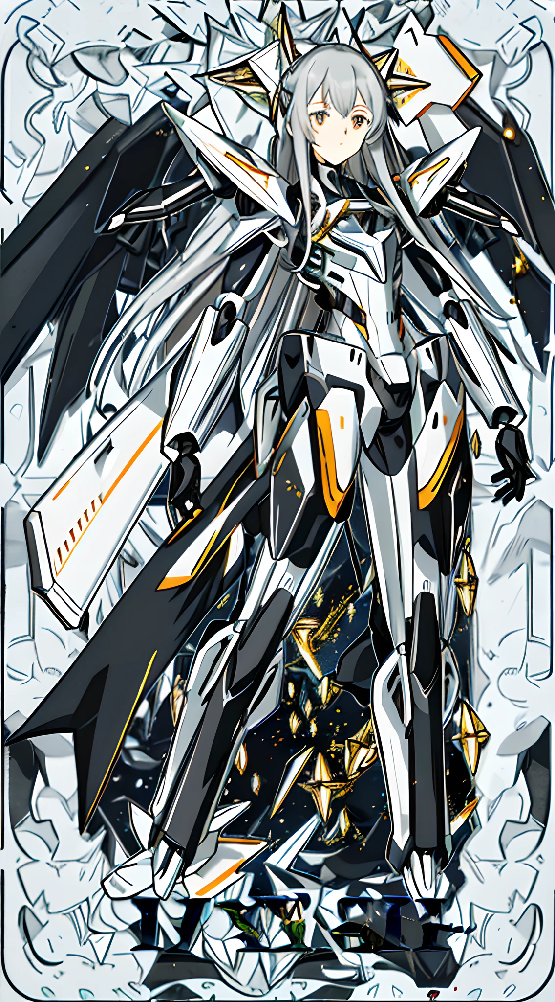 Anime shoujo, gray hair, long hair, golden eyes, exoskeleton mecha, (16K), masterpiece, {{full body photo}}, dark style, black clothing, mechanical wings suspended behind the back, black and white clothes, normal limbs, normal fingers, undistorted facial features, normal face
