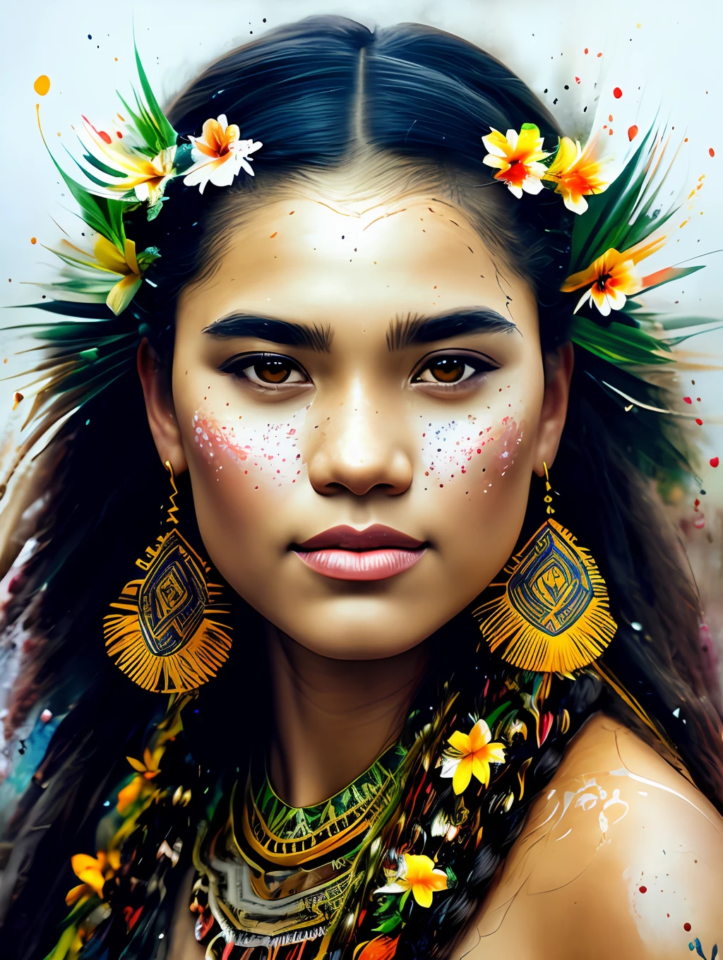 An exotic Polynesian ethnic traditional dancer, detailed and sharp focus on her face, ultra details, hi-res, portrait by Willem Haenraets, watercolor, wet on wet and splattering techniques, centered, perfect composition, abstraction, surrealism, trending on artstation, sharp focus, studio photo, intricate details, highly detailed, by Greg Rutkowski