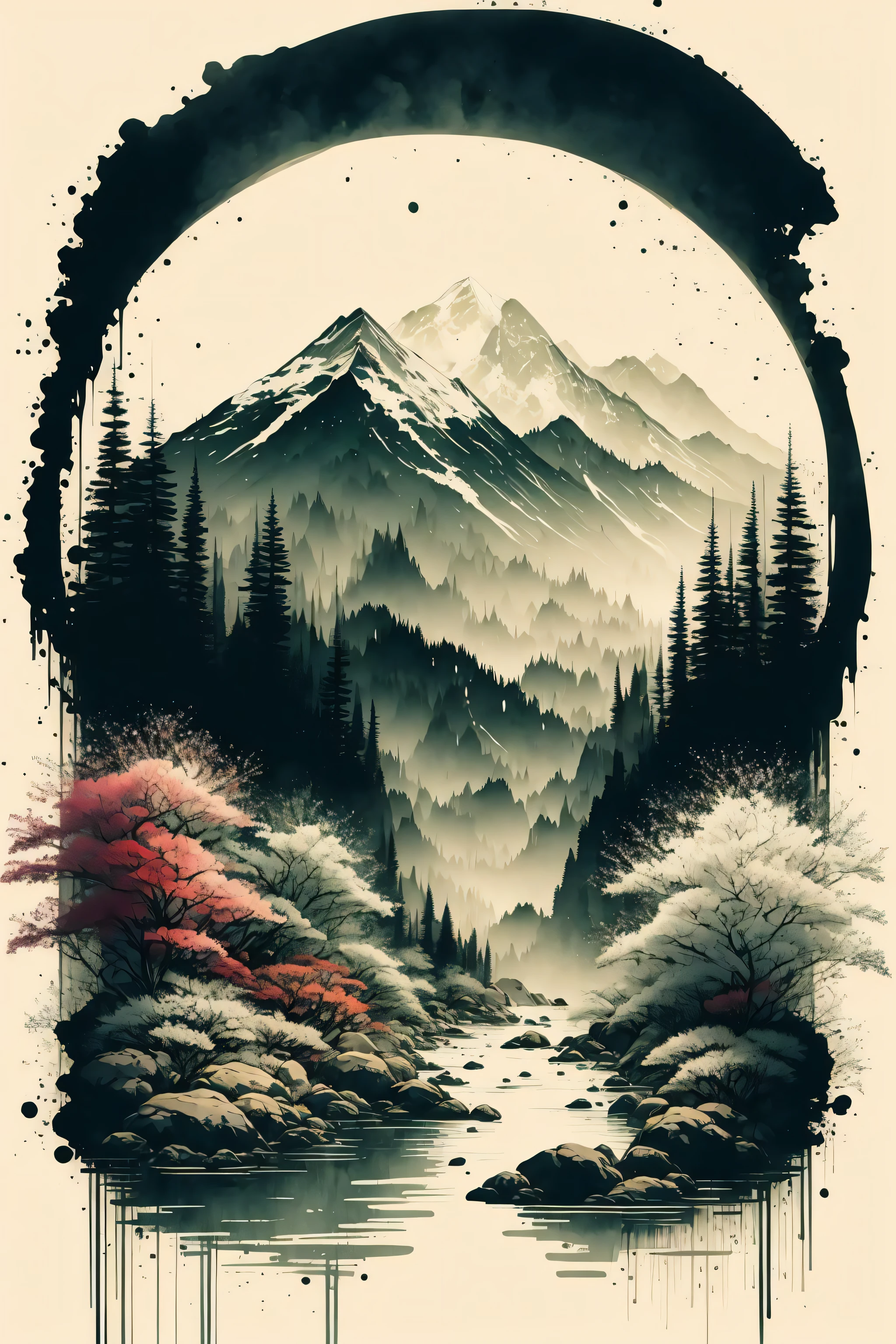 white background, scenery, ink, mountains, water, trees
