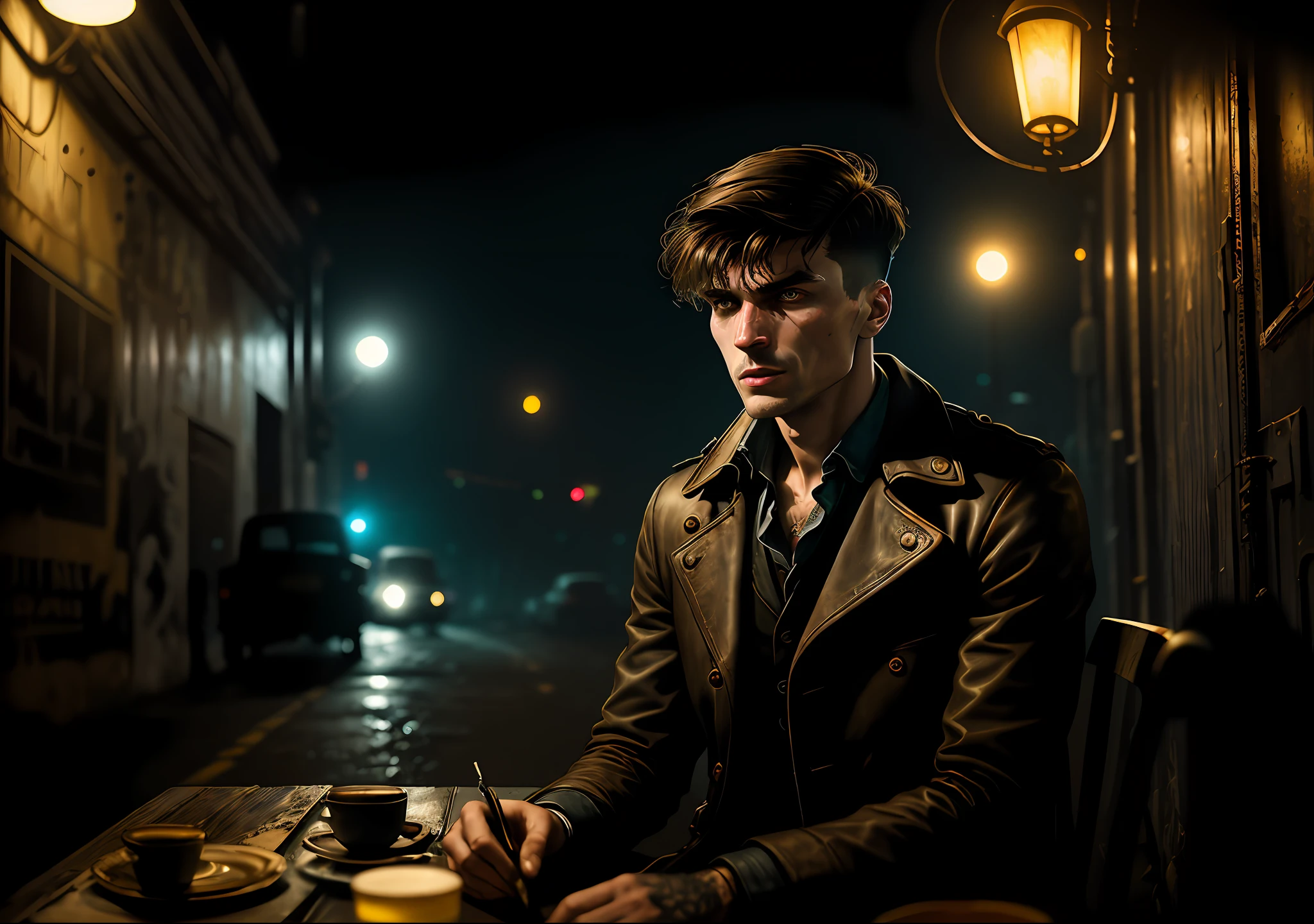 Thomas shelby FURIOUS DARK PHOTO: Sitting NEXT TO AN OLD CAR, realistic epic, portrait of, James Gilleard, Joe Fenton, Kaethe Butcher, yellow gradient, black, brown and magenta color scheme, grunge aesthetic!!! Graffiti brand wall background, art by Greg Rutkowski and Artgerm, soft cinematic light, Adobe Lightroom, Photo Lab, HDR, intricate, highly detailed, (depth of field: 1.4), faded, (neutral colors: 1.2), (HDR: 1.4), (soft colors:1.2), hyperdetailed, (Artstation:1.4), cinematic, warm lights, dramatic light, (intricate details:1.1), complex background, (Rutkowski:0.66), (blue and orange:0.4)