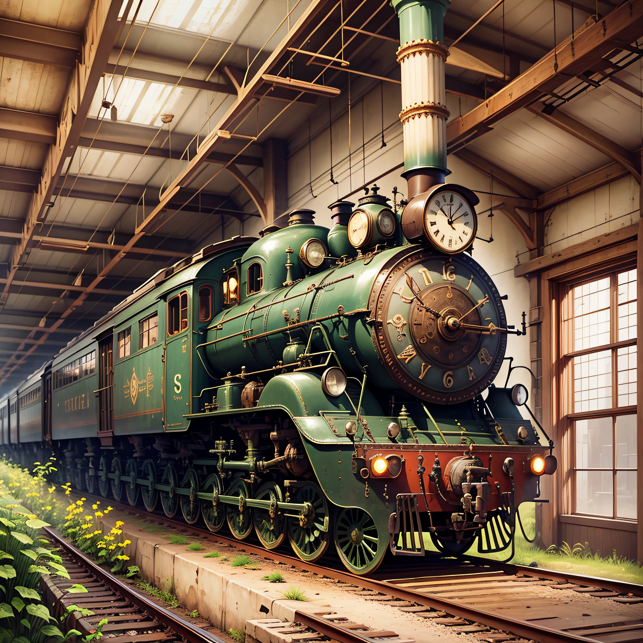 please make a vintage print with train, antique clock and gears --auto --s2