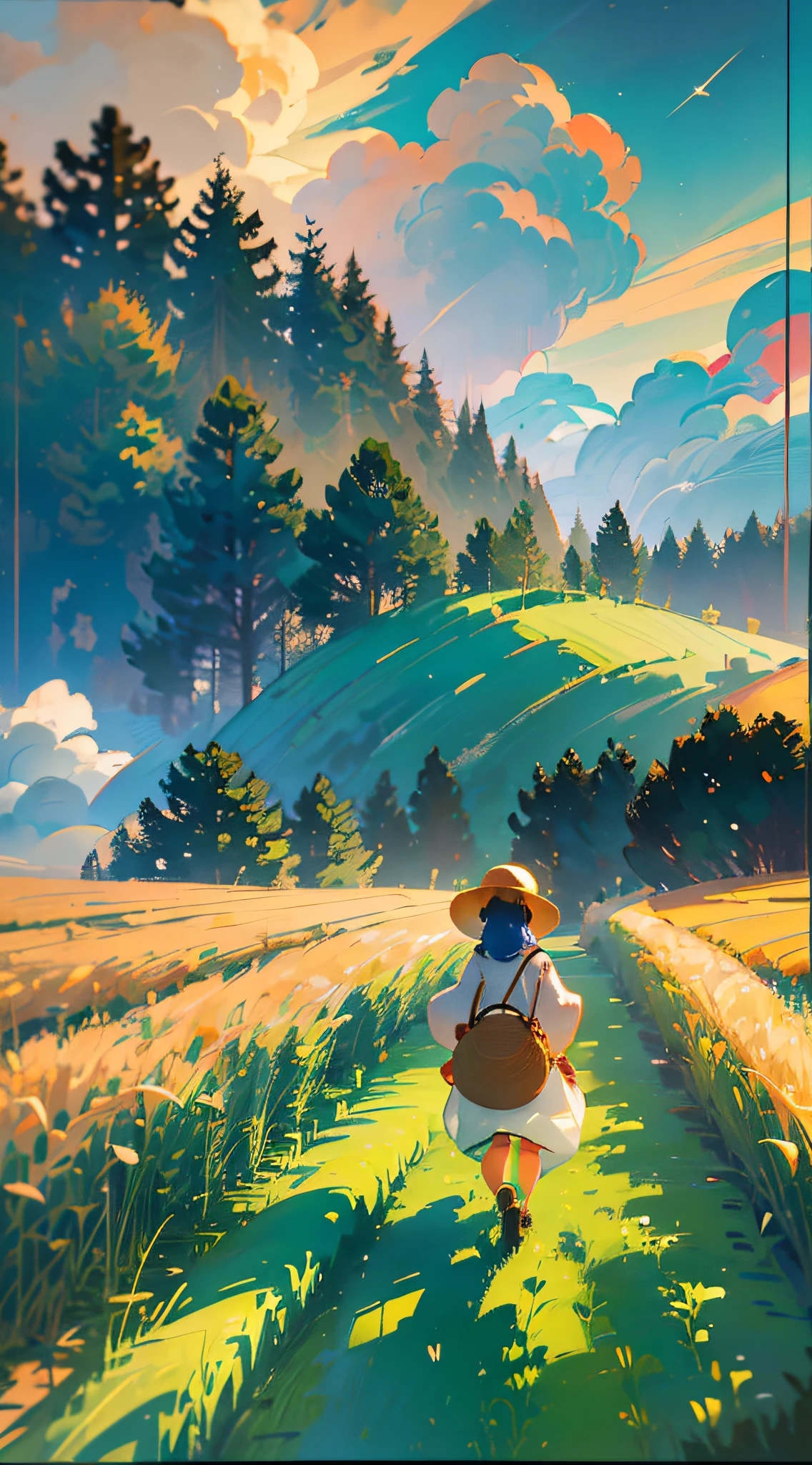 A peasant uncle with a straw hat stands in a wheat field, big clouds, blue sky, rice field, neat rice seedlings in the field, forest, hillside, secluded, countryside, HD detail, hyperdetail, cinematic, surrealism, soft light, deep field focus bokeh, ray tracing and surrealism. --v6