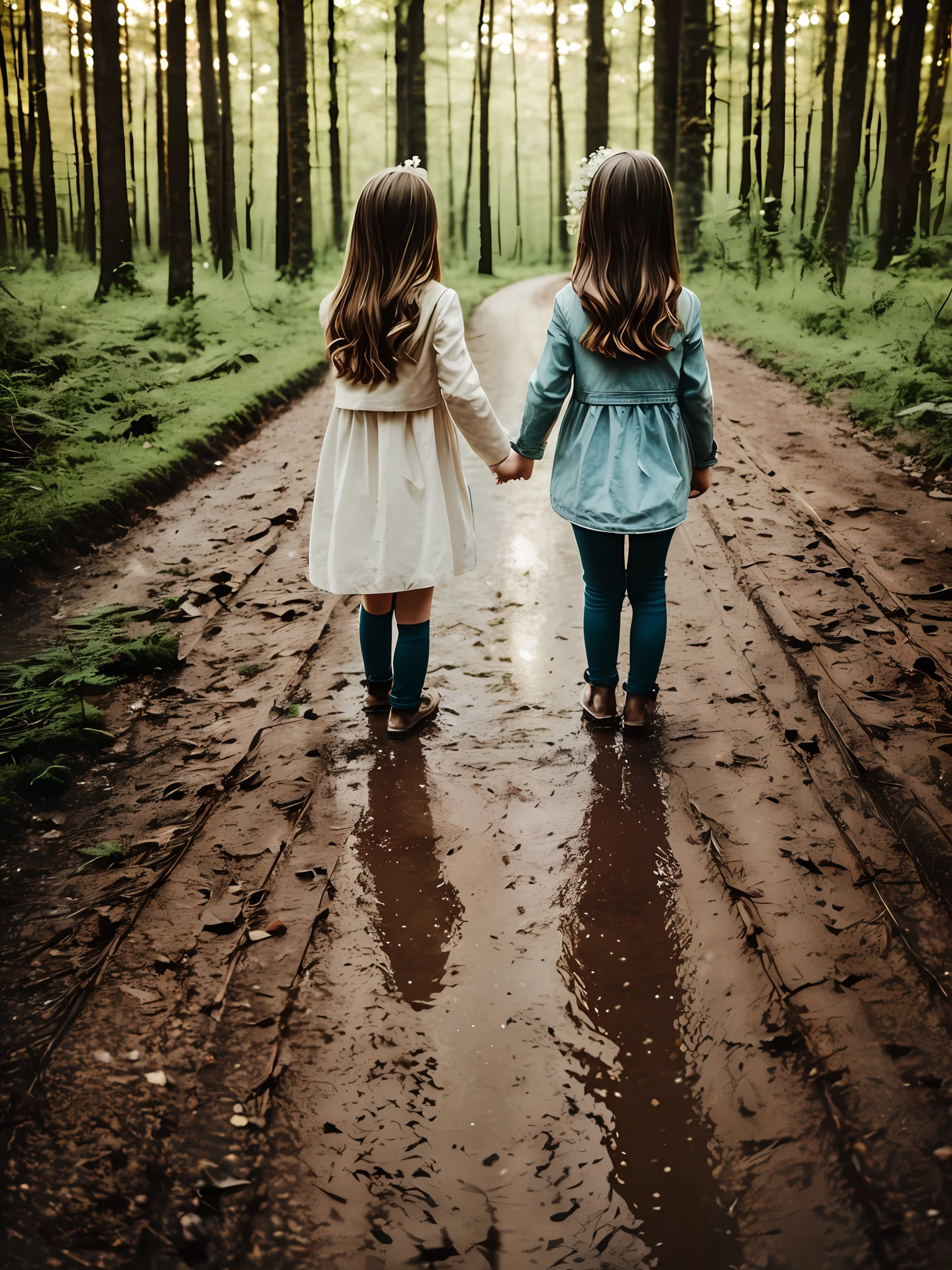 (1 girl), Little girl in the beautiful Forrest, look from behind, sunset, wet ground and reflection on the ground, look from behind, film grain, 8k, center