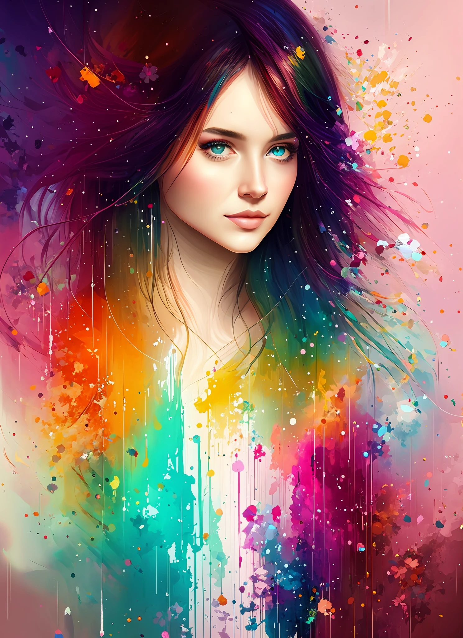 a painting of a woman with long hair and colorful paint, beautiful art uhd 4 k, colorful art, beautiful gorgeous digital art, gorgeous digital art, colorful illustration, beautiful digital art, colorful digital painting, colorfull digital fantasy art, colorful painting, colorful aura, very beautiful digital art, colorful digital art, a beautiful artwork illustration, beautiful digital artwork, colorful picture