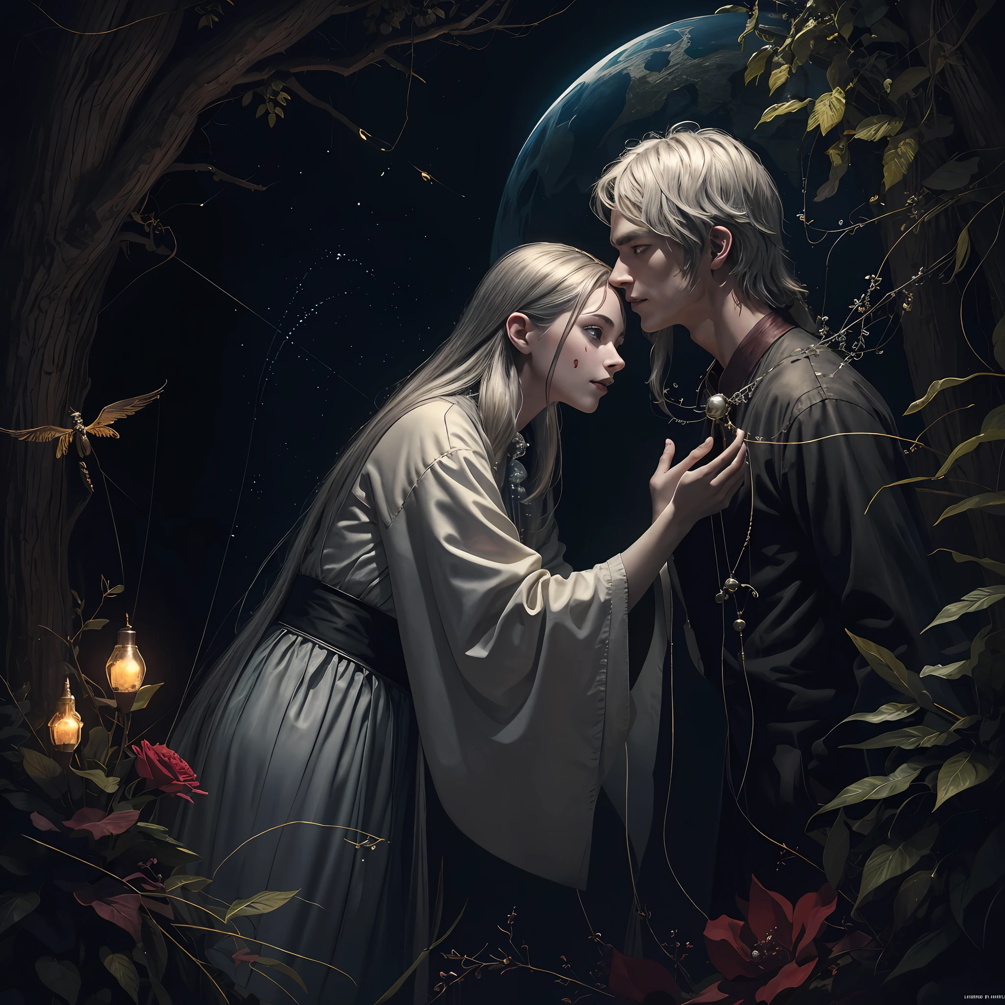 Masterpiece, best quality, MTSpider V4, (((1 young innocent boy)), HDR, very detailed eyes and face, goth, solo, white skin, long hair, beads, japanese clothes, white kimono, silk, stone, forest, northern lights, spider silk, (glowing metal objects hovering in the air and encircling him: 1.2), (arcs and sparks: 1.2), (energy flow: 1.2), (translucent magnetic field lines: 1.2), (gold, silver gray and shimmering light effects: 1.2), horror art, fear, unified 8k wallpapers, ultra-detailed, beautiful and aesthetic, masterpiece, the best quality, deep and rich black shadows, mother earth, smiles, enchanting whimsical fantasy forest background, happiness, enchanting atmosphere, very detailed, dynamic angles, cowboyshot, most beautiful chaotic forms, elegance, fauvist design, bright colors, romanticism, by James Jean, Robbie Devi Antonio, Ross Tran, Francis Bacon, Michal Mlaz, Adrian Ganey, Petra Corright, Gerhard Richter, Takashi Yamamoto, Ashley Wood, Atmospheric