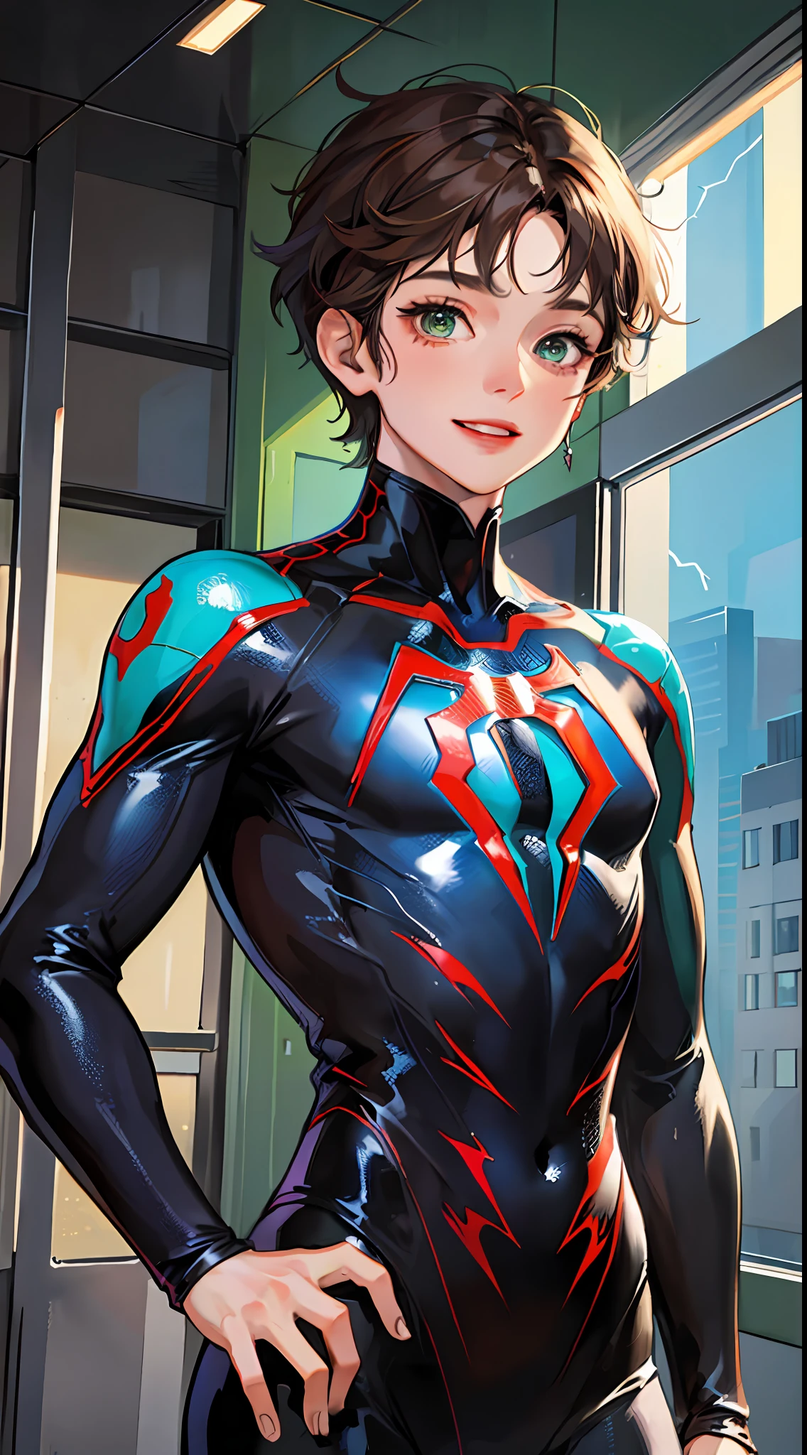 Little boy, short brown hair, green eyes, Spider-Man shape 2099, smile, cobwebs, lightning, masterpiece, high quality