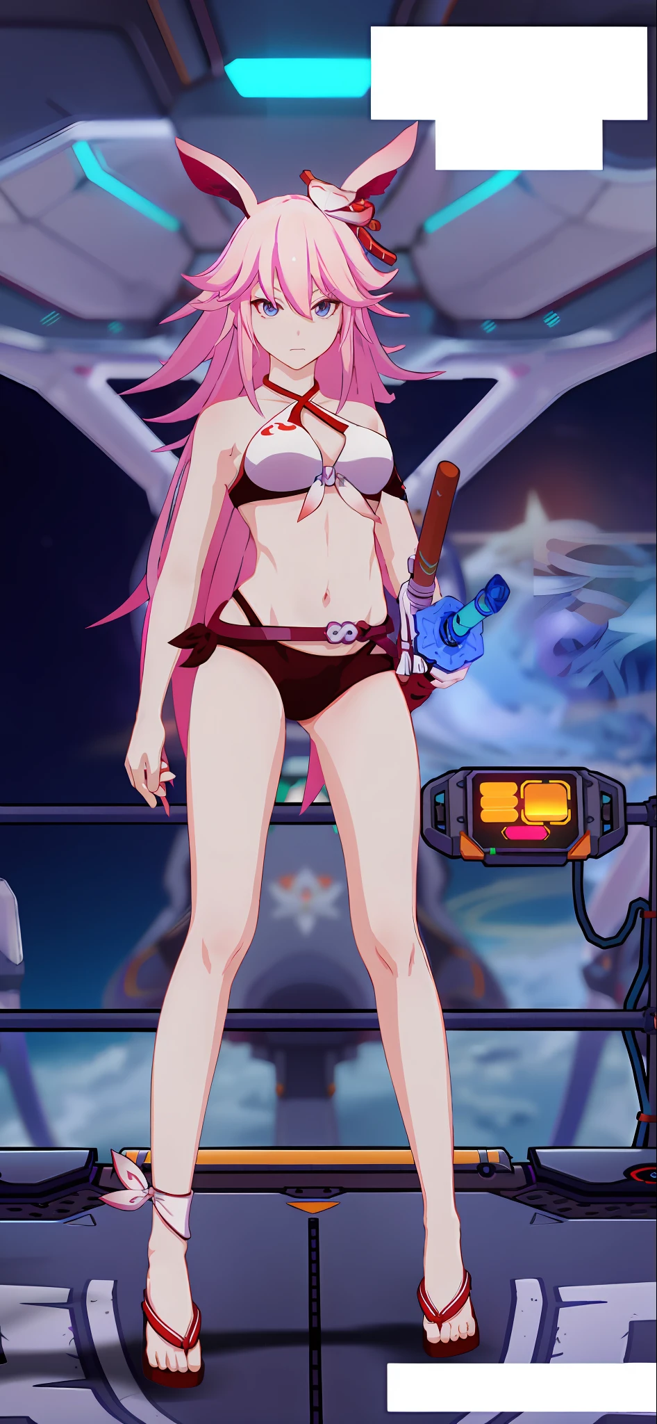 Anime girl in a transgender bikini with a sword and a sword, Azur Lane style, Humanoid Pink Female Squid Girl, from the video game Azur Lane, Holy Cyborg Necromancer Girl, video game character Katana Zero, twintail pink hair and cyan eyes, bikini. Bottom of hell. gore, cyberpunk oppai, seductive biomechanical oppai