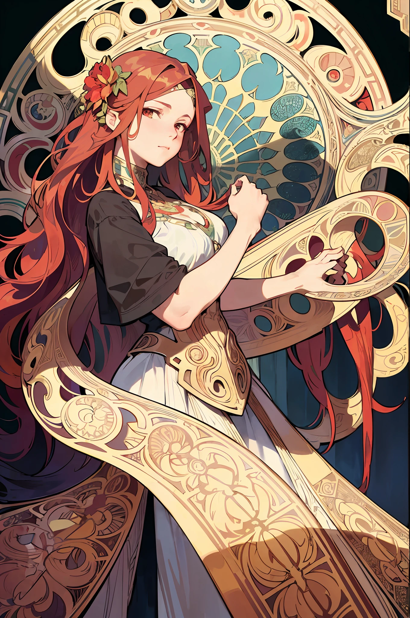 (Alphonse Mucha: 1.4), Facial portrait of a European beauty, long curly hair, red hair flower decoration, (detail + intricate detail: 1.2), 4K, abstract art, line art, side face, colorful, Fibonacci, Mucha style