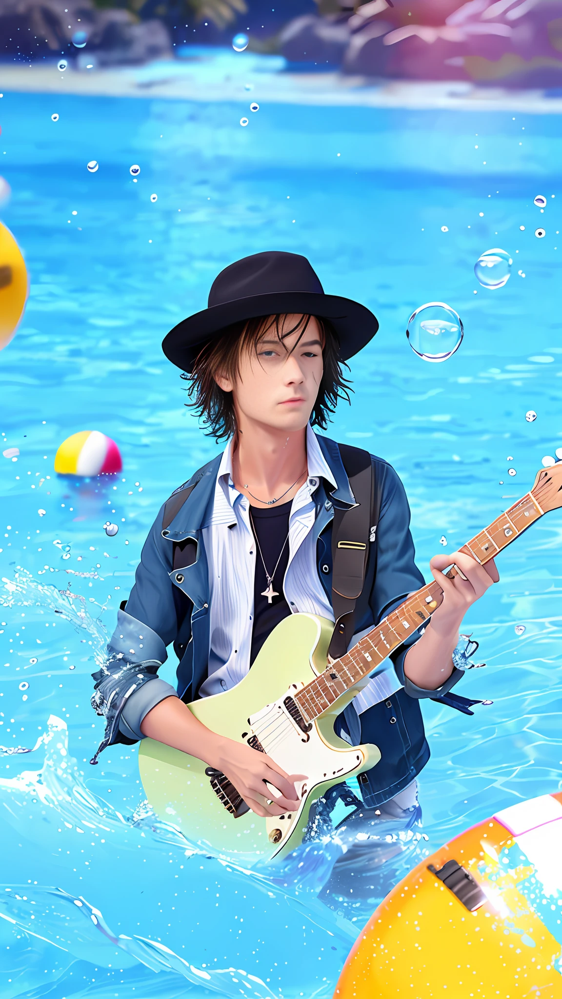 There is a man playing guitar in the water, guitarist, bubbles, swimming rings, ocean balls, splashing splashes, summer parties, beer music