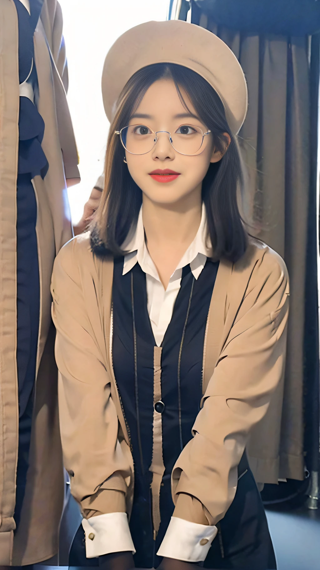 ulzzang-6500-v1.1, (raw photo:1.2), (photorealistic:1.4), beautiful detailed girl, very detailed eyes and face, beautiful detailed eyes, ridiculous, incredibly ridiculous, huge file size, super detailed, high resolution, very detailed, best quality, masterpiece, kemomimi, ((flight attendant outfit)), illustration, very detailed, CG, unified, 8k wallpaper, amazing, fine details , masterpiece, best quality, very detailed CG uniform 8k wallpaper, light on face, movie lighting, 1girl, 16 years old, white hair, side split, (no hat), (no panties)), (with glasses), ((dynamic pose))), (camel toe), (half), (pantyhose), (pantyhose and legs))