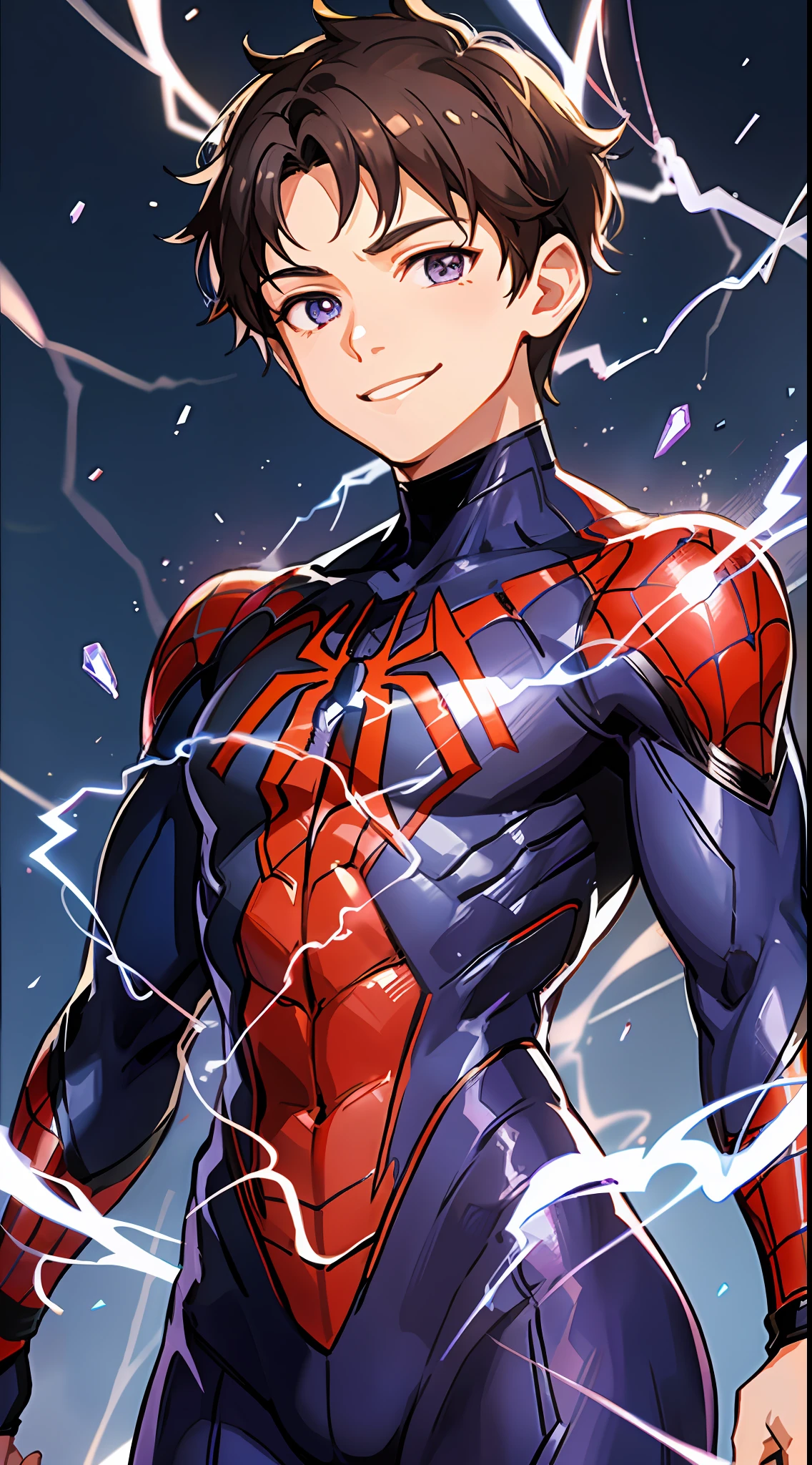Little boy, short brown hair, purple eyes, Spider-Man 2099 shape, smile, web, lightning, masterpiece, high quality