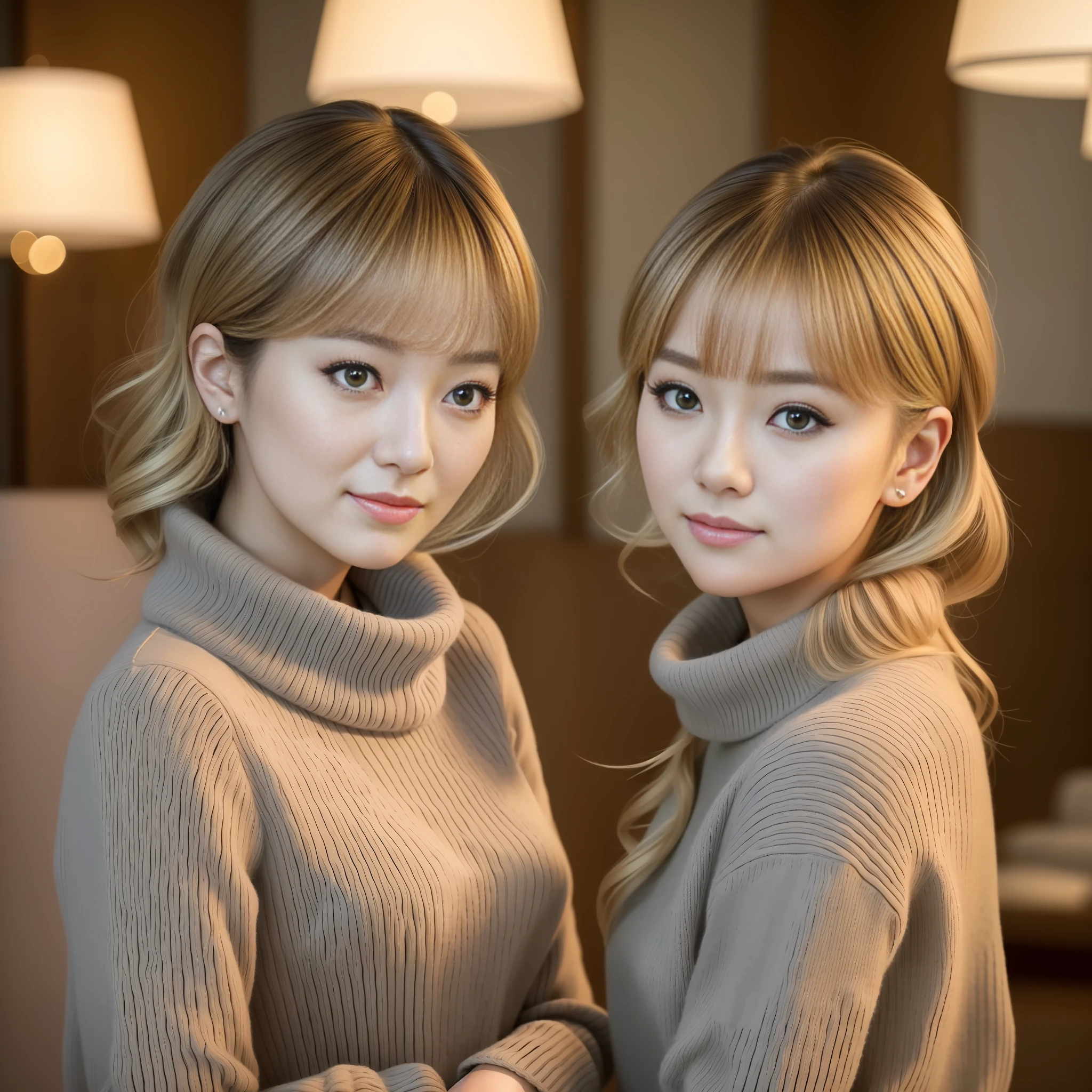 Top quality, masterpiece, ultra high resolution, (photoreal: 1.6), 2 girls, looking at the viewer, wearing knitwear, Japan famous actress, very beautiful, beautiful, cut model, blonde, cinematic, 35mm lens, f/1. 8, accent lighting, 8K, luxury hotel --auto --s2