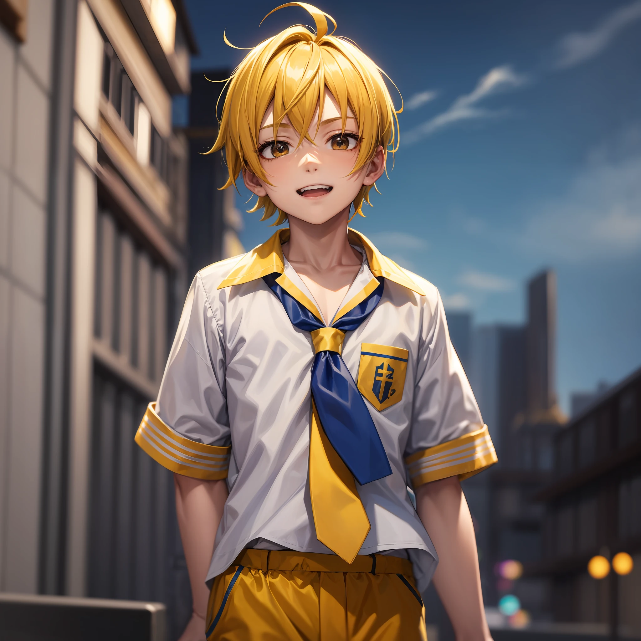 (Masterpiece)), (Best Quality))), ((Boy)),1 Boy,, sailor_collar, Kagamine_Len, Yellow hair, (8k:0.7), (Details Blue sky background:0.7), (Dusk:0.6), Very short, Cariage hair,Mohawk hair,Sun, Smile, Shorts and sleeves, White shirt, yellow tie --auto --s2