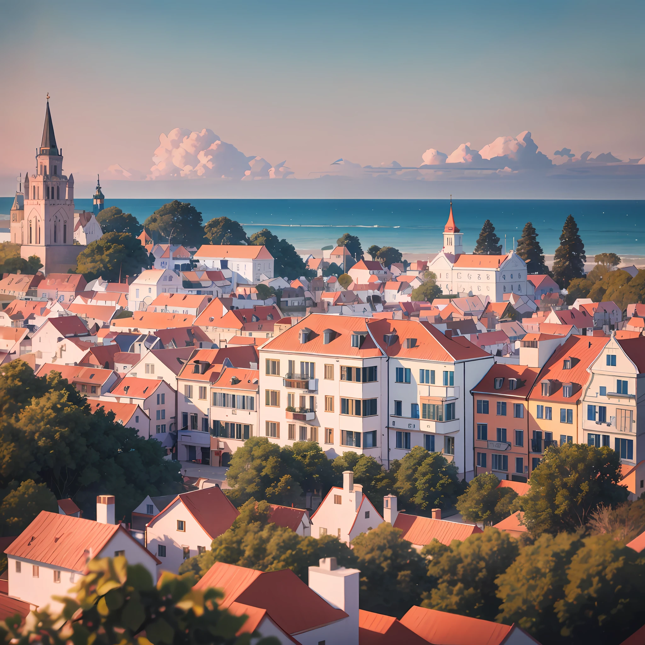 buildings in a town with a view of the ocean, white buildings with red roofs, by Jakob Gauermann, tallinn, realistic photo of a town, by Alexander Bogen, capital of estonia, by Ejnar Nielsen, by Sigmund Freudenberger, red roofs, by Armin Hansen, by Dietmar Damerau, by Matthias Weischer