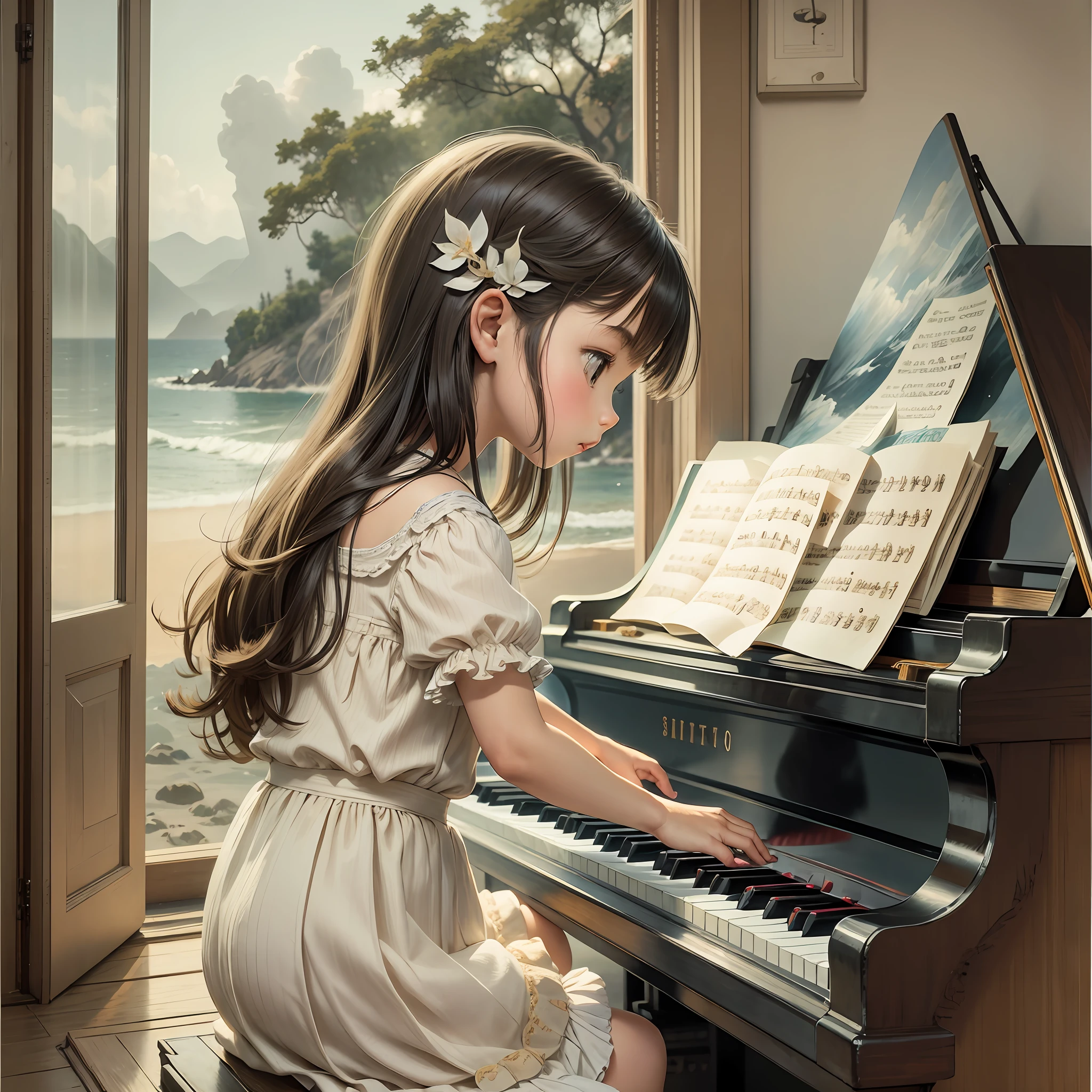 Cute little girl playing piano by the waves --auto --s2