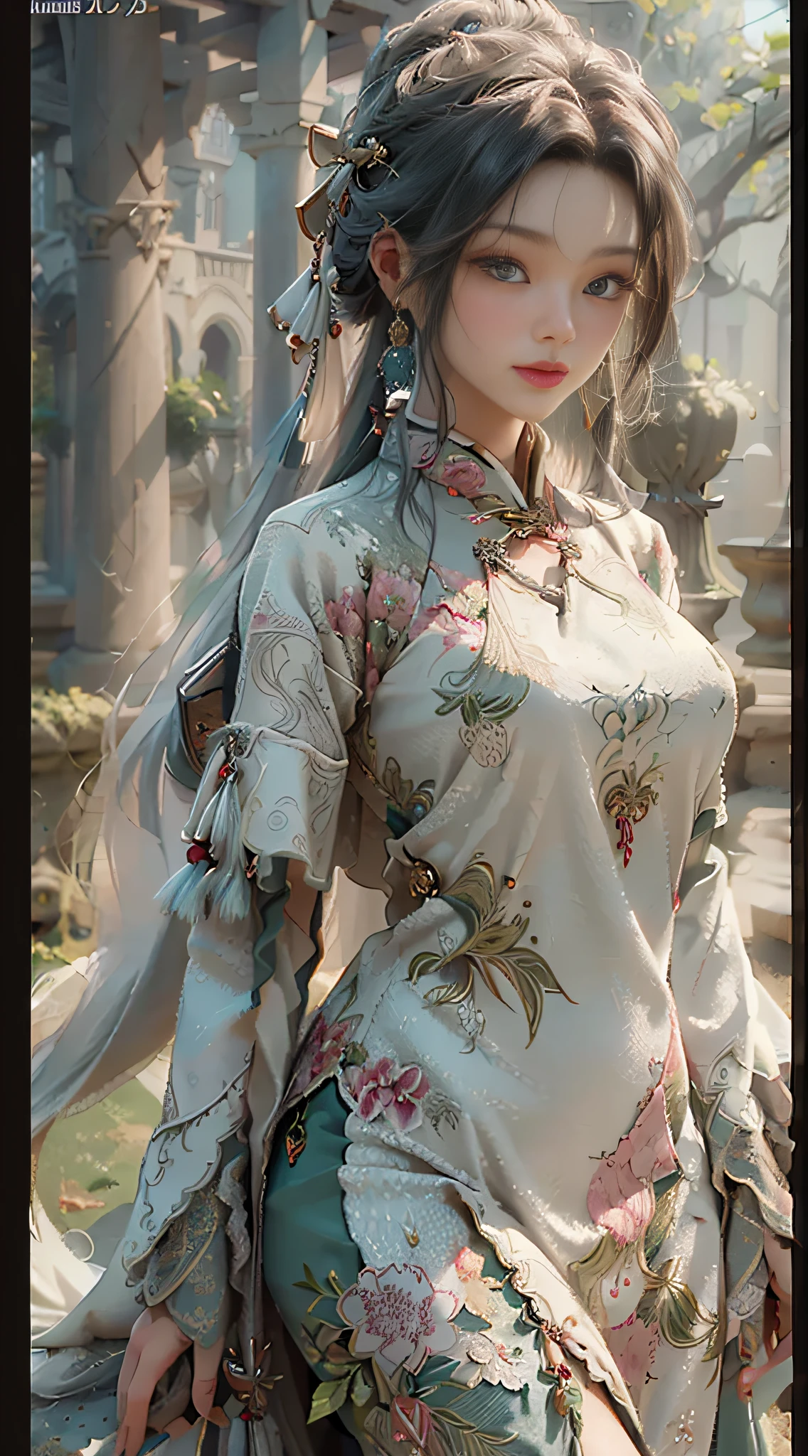 ((Best Quality)), ((Masterpiece)), (Details: 1.4), 3D, A Beautiful Female Figure, HDR (High Dynamic Range), Ancient Chinese Costumes, Satin Clothing, Feminine and Sexy, White Cheongsam, Green Hair Accessories, Tassel Earrings, Ray Tracing, NVIDIA RTX, Super-Resolution, Unreal 5, Subsurface Scattering, PBR Textures, Post Processing, Anisotropic Filtering, Depth of Field, Maximum Sharpness and Clarity, Multi-layer textures, albedo and specular mapping, surface shading, accurate simulation of light-material interactions, perfect proportions, Octane Render, two-color light, large aperture, low ISO, white balance, rule of thirds, 8K RAW,