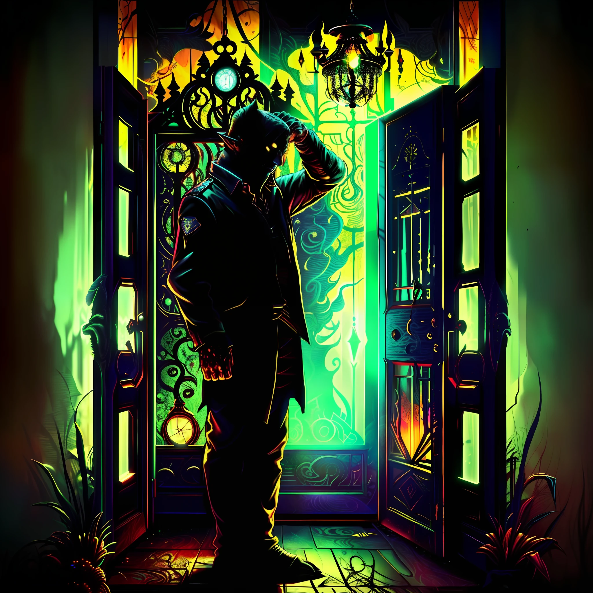 there is a poster of a man inside a cage with a man inside and demons (void, sad, are, by Shaddy Safadi, cover art, official fanart, I said, saw, the bad, promotional image, cover of a new video game, by Slava Raškaj, paid art, the empty, intricate heterochromatic sad, official art