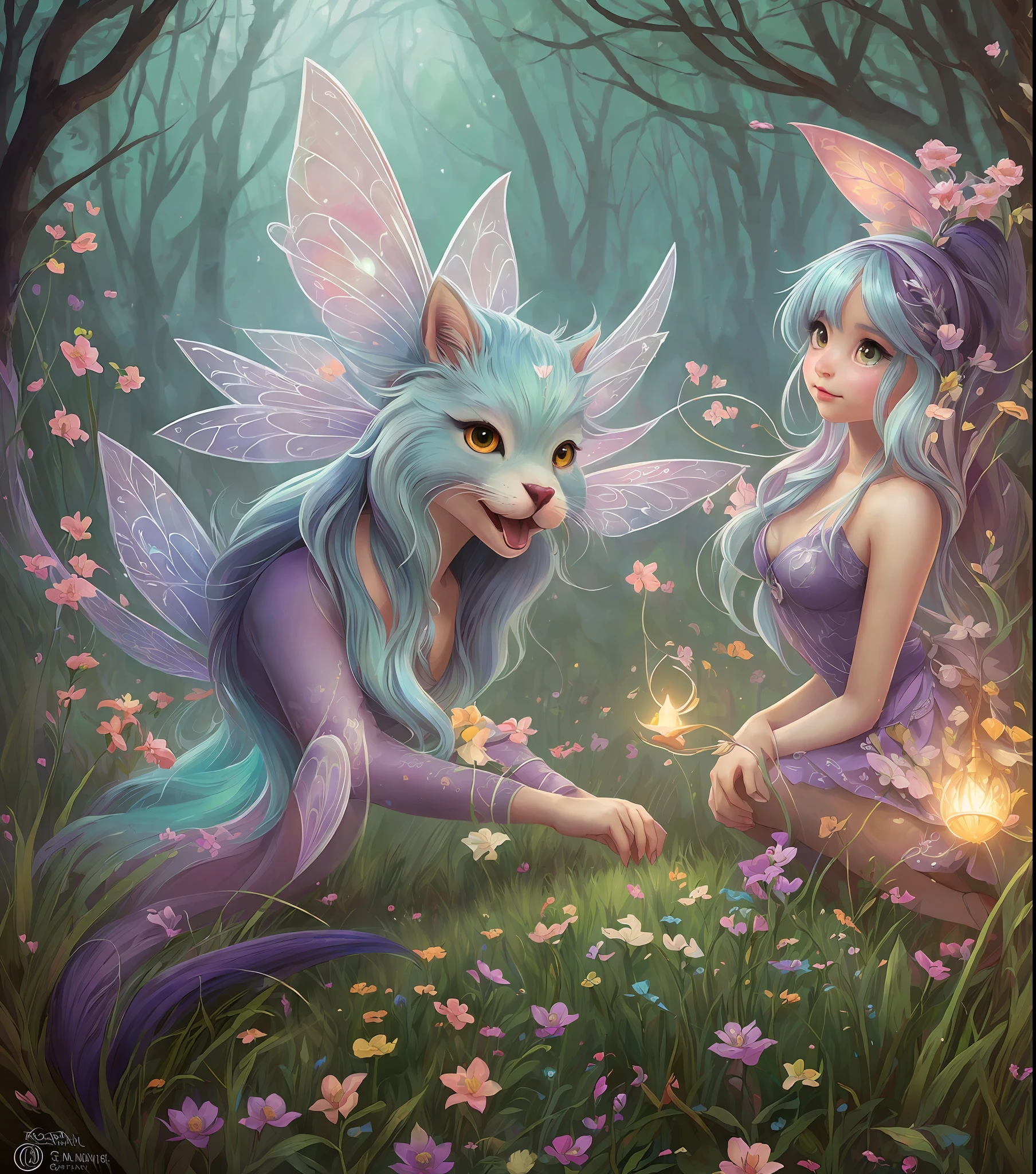 witch, super cute fairy with big bright eyes friend with mythical creature, beast, fluffy, gradient color ((best quality)), digital painting, dreamlike, intricate details, sharp focus, trending on artstation, art by lois van baarle and loish and ross tran and rossdraws and sam yang and samis arts and artgerm, fairy tales, pixar, disney, dreamworks style, surrounded by magical fairies in a dreamlike forest, rendered in intricate detail in a digital painting with sharp focus, inspired by fairy tales and animated movies from pixar, Disney, and dreamworks, and created by the talented artists lois van baarle, Loish, Ross Tran, Rossdraws, sam yang, samis arts, and artgerm, Trending on Artstation, this artwork is sure to capture hearts with its delightful charm, (Chibi:1,3)