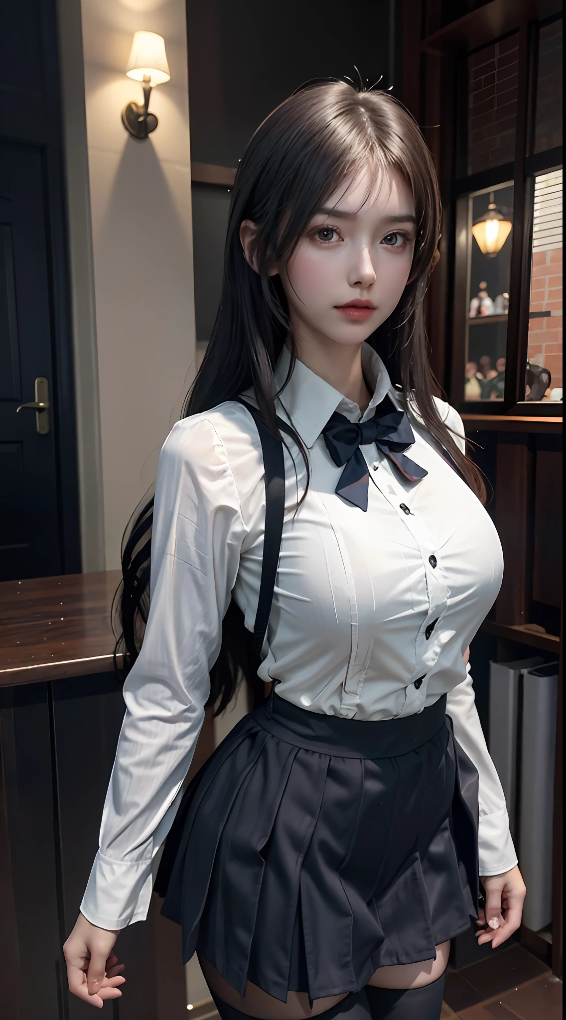 Best image quality, masterpiece, super high definition, (ultra-realistic: 1.4), original photo, (perfect body type), dynamic pose, 1 girl, plump body, raised waistline, show personal style, school uniform, short skirt School scene, night falls, deep shadows, low-key luxury, cool white light 12000K.