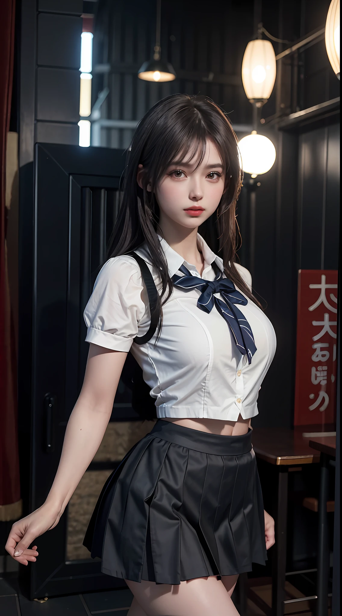 Best image quality, masterpiece, super high definition, (ultra-realistic: 1.4), original photo, (perfect body type), dynamic pose, 1 girl, plump body, raised waistline, show personal style, school uniform, short skirt School scene, night falls, deep shadows, low-key luxury, cool white light 12000K.