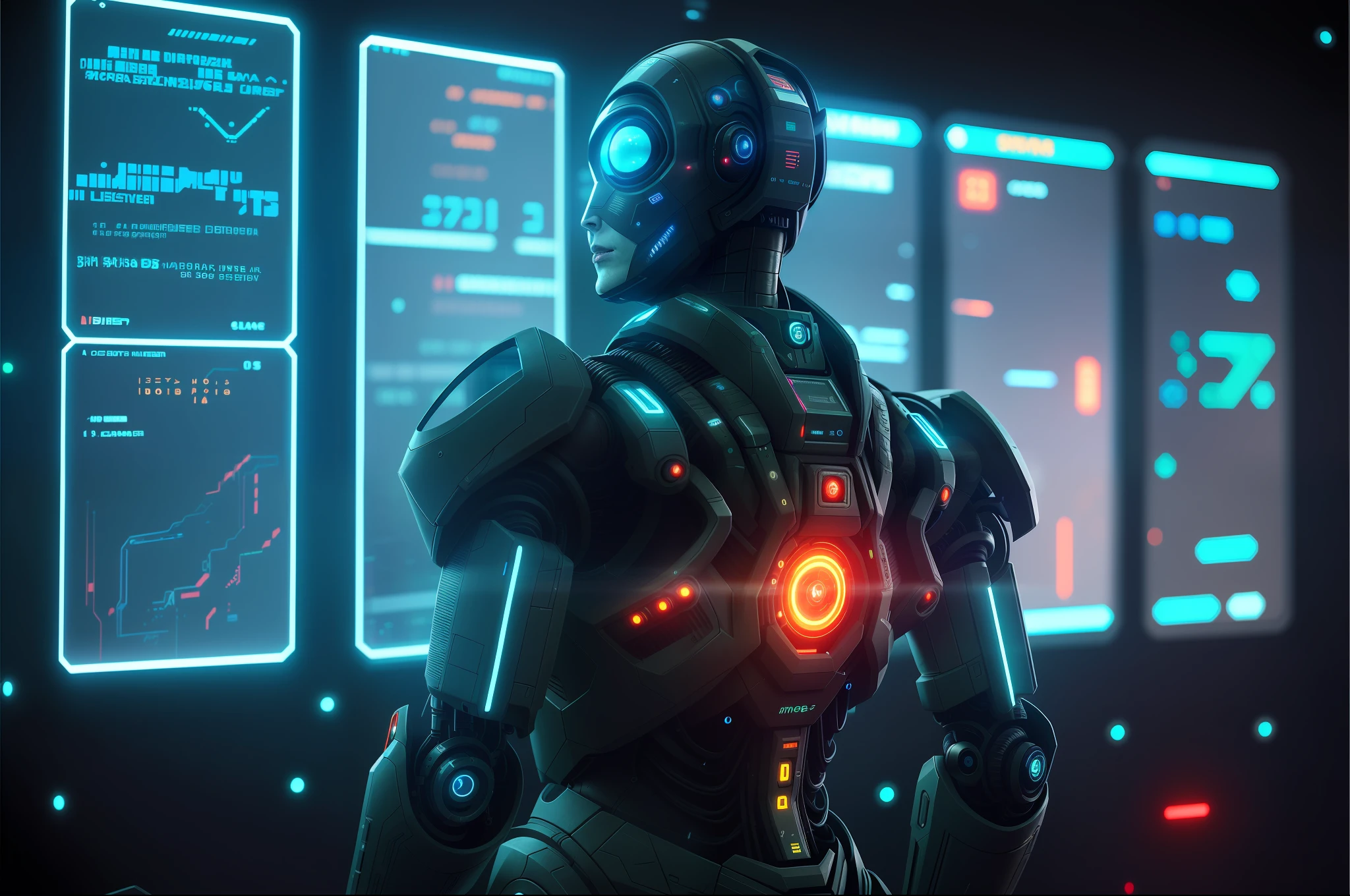 a futuristic woman in a futuristic suit standing in front of a screen, cyberpunk robot, cyborg in the data center, cyber suit, cybernetic and highly detailed, diverse cybersuits, advanced digital cyberpunk art, cybersuits, female cyborg in data center, cyberpunk art ultrarealistic 8k, futuristic cyberpunk scenario, sci-fi android female, cyber armour, science fiction suit