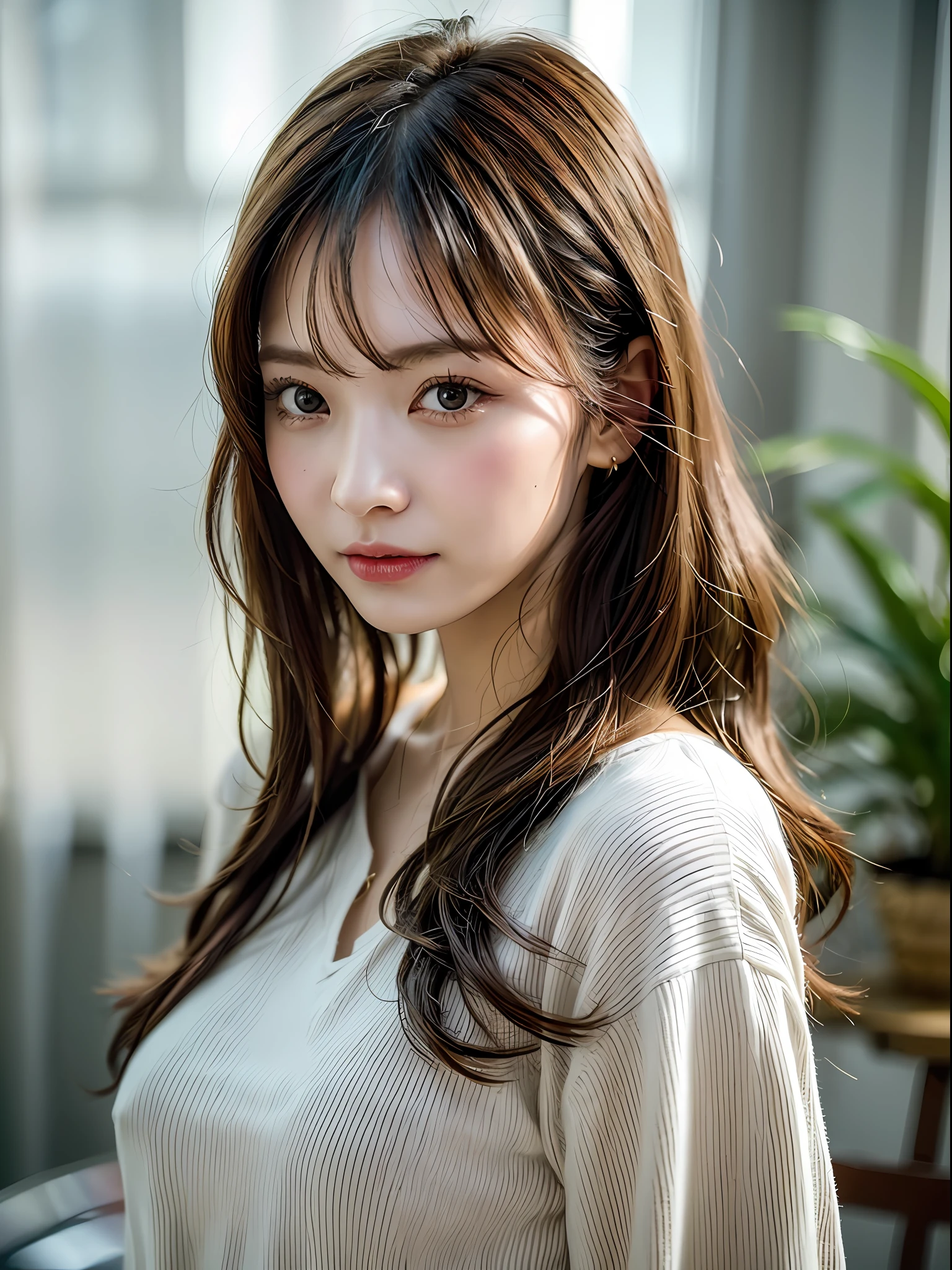 The project envisions shooting in a bright wood-like studio in bright summer morning to daylight light. Create highly elaborate CG Unity 8K wallpapers modeled after a beautiful-looking 30-something actress with a realistic, lifelike and ultra-detailed finish with a hairstyle and fashion style that matches the trends of 2023. The model is slender, cute, and mature. Her features are a straight medium style that matches the trend of 2023, a fluttering feeling in the wind, and a slightly brighter and softer trendy hair color. Shooting takes place indoors with natural light, so be sure to shoot in a way that feels soft. The skin quality of the model is delicate, and you should pay attention to the fine details and softness of the hair. Studio sets take cool images, camera angles shoot in a range from the waist up. The model's hair color should be slightly light and soft, and the makeup should emphasize bright lips and eye-catching mascara, with a natural and light styling. For your fashion style, choose a rough outfit that matches the summer trends of 2023 and use pale pastel colors to express a sense of relaxation. The final image should be shot in a studio in bright summer light, and try to create a refreshing and summery atmosphere.