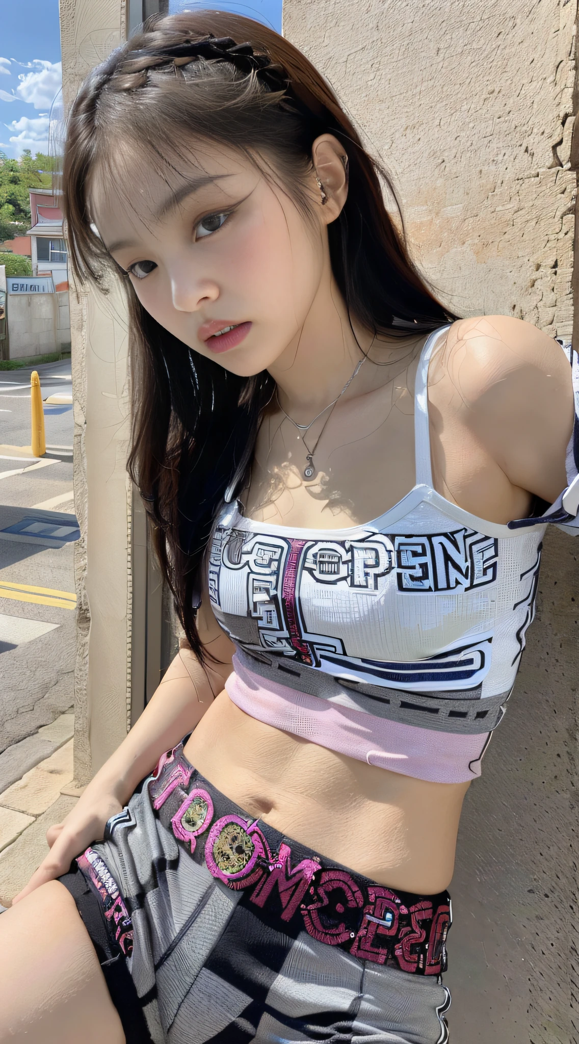 (1girl:1.3), Solo, __body-parts__, Kim Ji-ni Jennie face, wearing trendy brand, football T-shirt, open waist, football shorts, world-weary face, cold eyes, Korean style photo photos, photographic lighting, strong contrast, sunlight on the face, world-weary face, high-class sense, cold eyes, feminine, background cement gray, 8k resolution image, intricate symmetrical details. The whole picture goes forward, mainly a woman standing all over her body, with smooth movements and a complete picture.