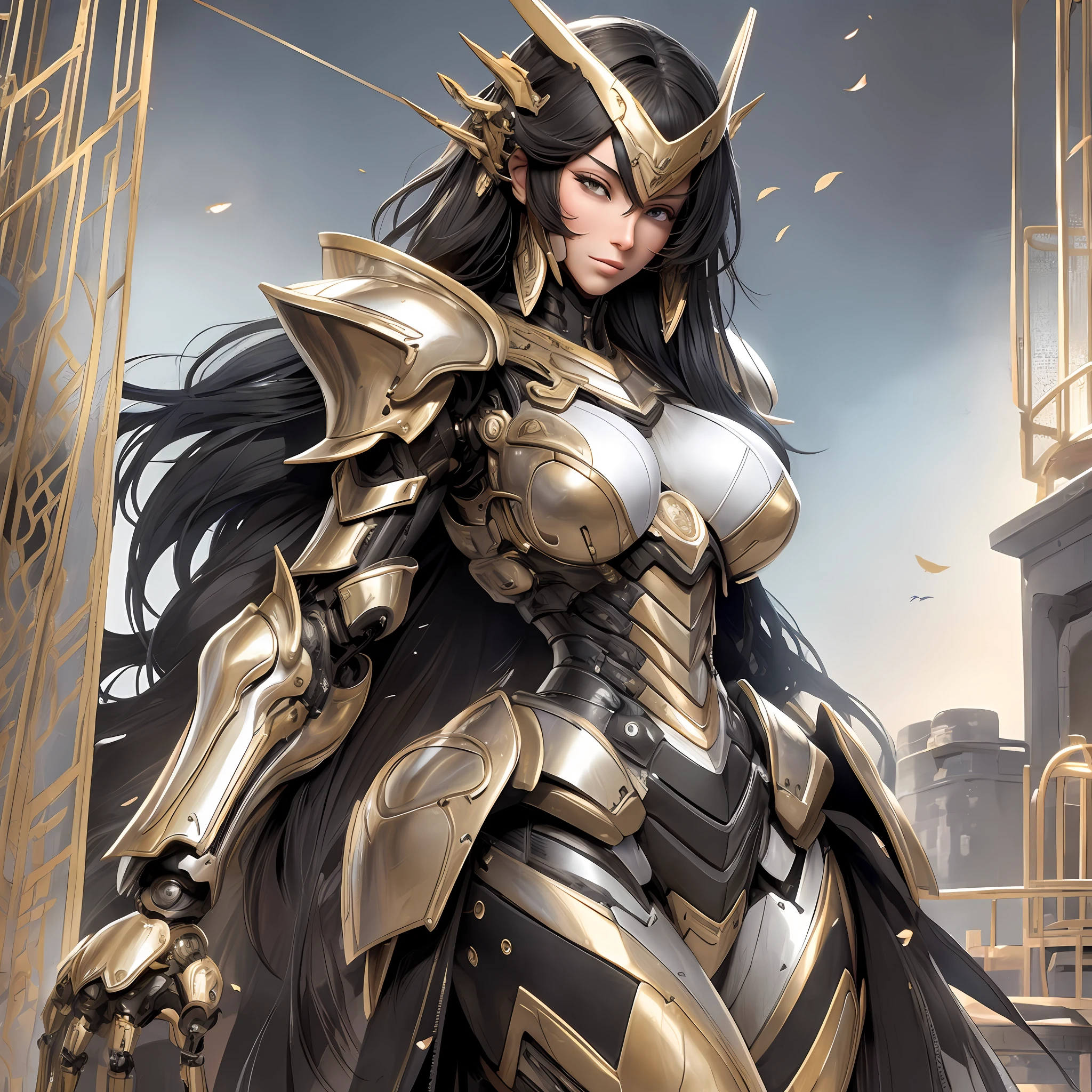 Beautiful tall woman with robotic armor with super realistic and well detailed black hair