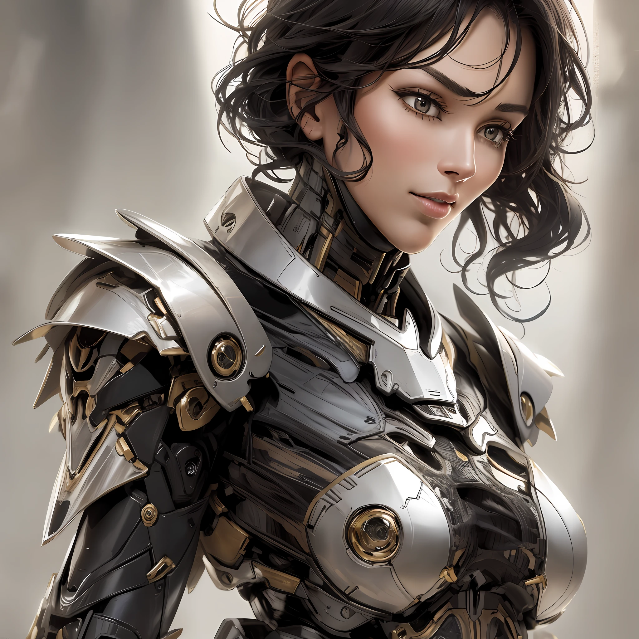 Beautiful tall woman with robotic armor with super realistic and well detailed black hair