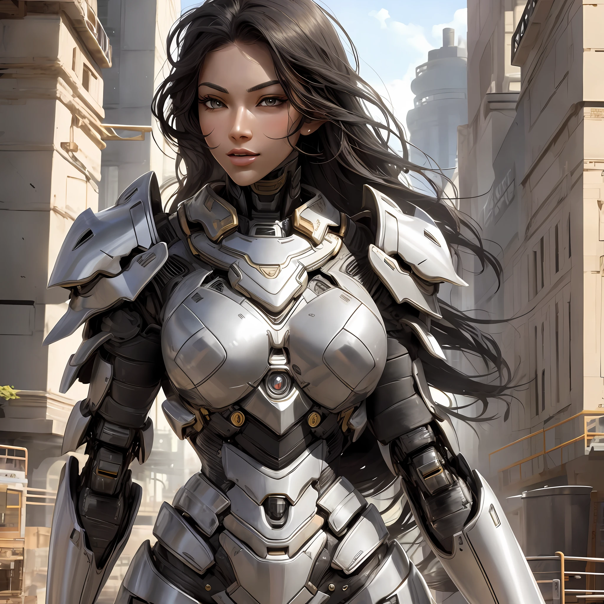 Beautiful tall woman with robotic armor with super realistic and well detailed black hair