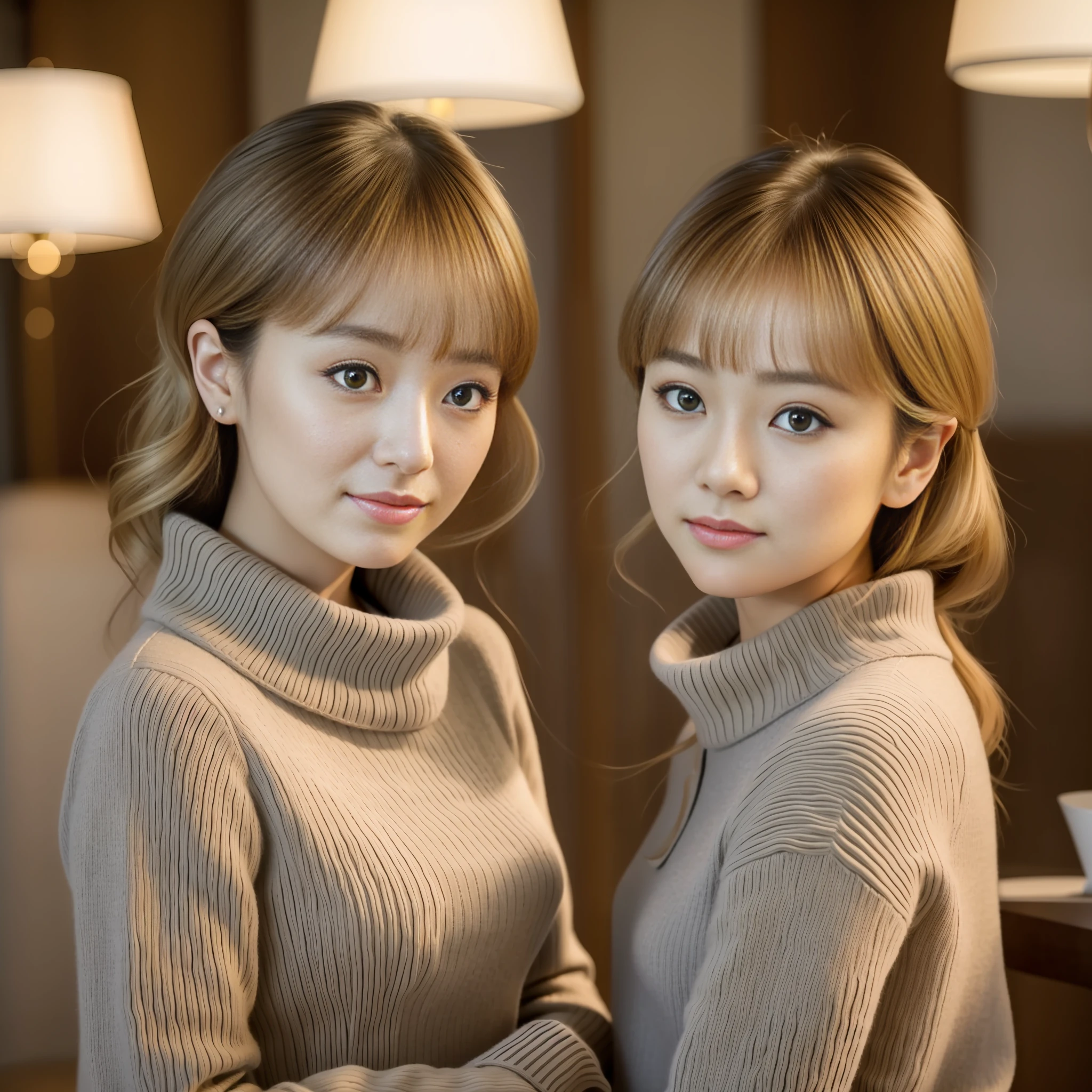 Top quality, masterpiece, ultra high resolution, (photoreal: 1.6), 2 girls, looking at the viewer, wearing knitwear, Japan famous actress, very beautiful, beautiful, cut model, blonde, cinematic, 35mm lens, f/1. 8, accent lighting, 8K, luxury hotel --auto --s2