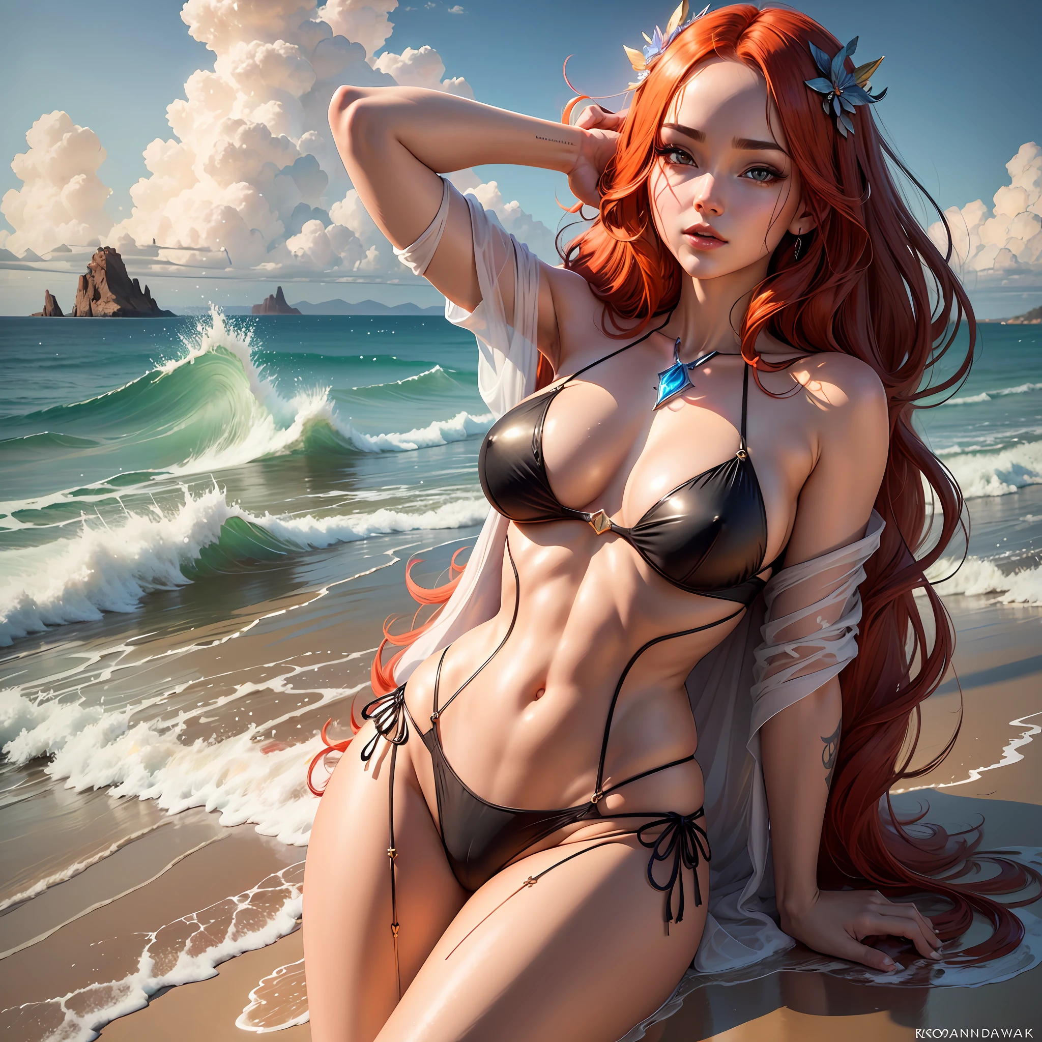 Woman in bikini and cape poses on a beach, red-haired goddess, karol bak uhd, anime goddess, beautiful seductive anime woman, ross tran 8k, bikini in transparent, full body CGSOCIETY, shiny plastic bikini, realistic bikini, deviantart artstation cgscosiety, cinematic goddess body shot, beautiful goddess, beautiful realistic, (full body girl), big, small lingerie, thin lace, cute face,  sun, cinematic light, a beautiful woman, beautiful eyes, perfect anatomy, very beautiful, princess eyes, (black eyes), (head frame), centered image, stylized, bioluminescence, --auto --s2