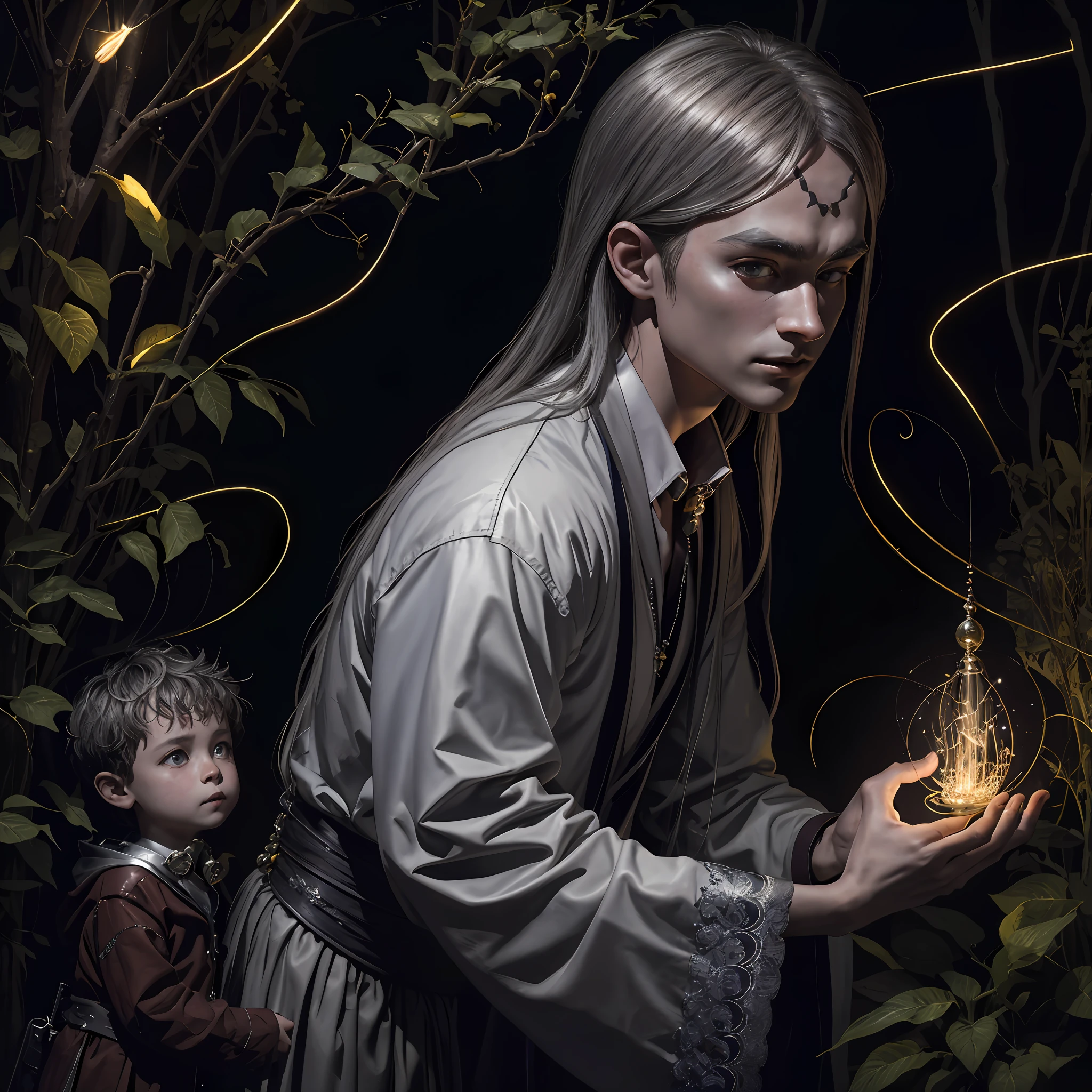 Masterpiece, best quality, MTSpider V4, (((ung innocent boy)), HDR, very detailed eyes and face, goth, solo, white skin, long hair, beads, japanese clothes, white kimono, silk, stone, forest, northern lights, spider silk, (glowing metal objects hovering in the air and encircling him: 1.2), (arcs and sparks: 1.2), (energy flow: 1.2), (translucent magnetic field lines: 1.2), (gold, silver gray and shimmering light effects: 1.2), horror art, fear, unified 8k wallpapers, ultra-detailed, beautiful and aesthetic, masterpiece, the best quality, deep and rich black shadows, mother earth, smiles, enchanting whimsical fantasy forest background, happiness, enchanting atmosphere, very detailed, dynamic angles, cowboyshot, most beautiful chaotic forms, elegance, fauvist design, bright colors, romanticism, by James Jean, Robbie Devi Antonio, Ross Tran, Francis Bacon, Michal Mlaz, Adrian Ganey, Petra Corright, Gerhard Richter, Takashi Yamamoto, Ashley Wood, Atmospheric