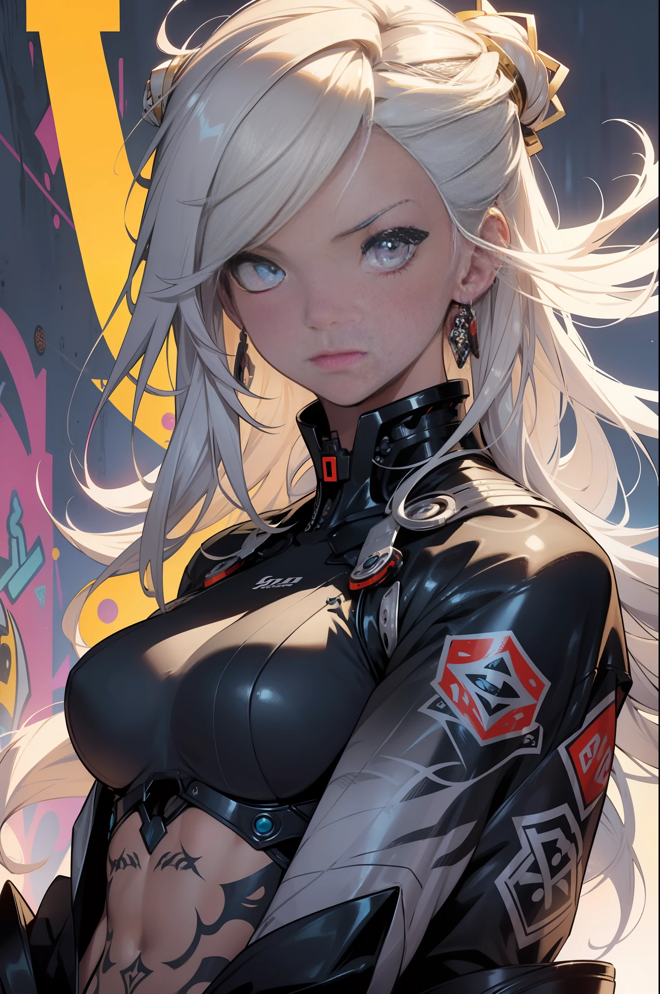background, mixed-language_text, Japanese letters in graffit, girls, long blonde hair, excellent lighting, sidelighting, perfect ultimate (flat color: 1.3), (magazine_cover: 1.4), (multicolored_background: 1.3), striped_background, card_background, :: comix style by joe madureira :: circular pieces of white metals glued to the ultra detailed arms coming out sparkling brightness, super vivid illustration colors and with special touches,  perfect and detailed, ultra detailed shirt with abstract design and with Japanese letters in graffit of the sides of the clothes, image of girls with big breast, on top of a futuristic motorcycle, with immersive effects, hover effect, background graffiti style tribal tattoo with flowers and vibrant colors, "ultra HDR" detailed and with focus effect,  (masterpiece: 1.2, best quality), (beautiful eyes with huge eyelashes finely detailed: 1.2), , ((Solo)), (Finely detailed eyes and detailed face:1.3), in various full-body attack poses, (cute background: 1.2),futuristic costume, super detailed circular metals Clinging to arms and pants, fantastic paintings