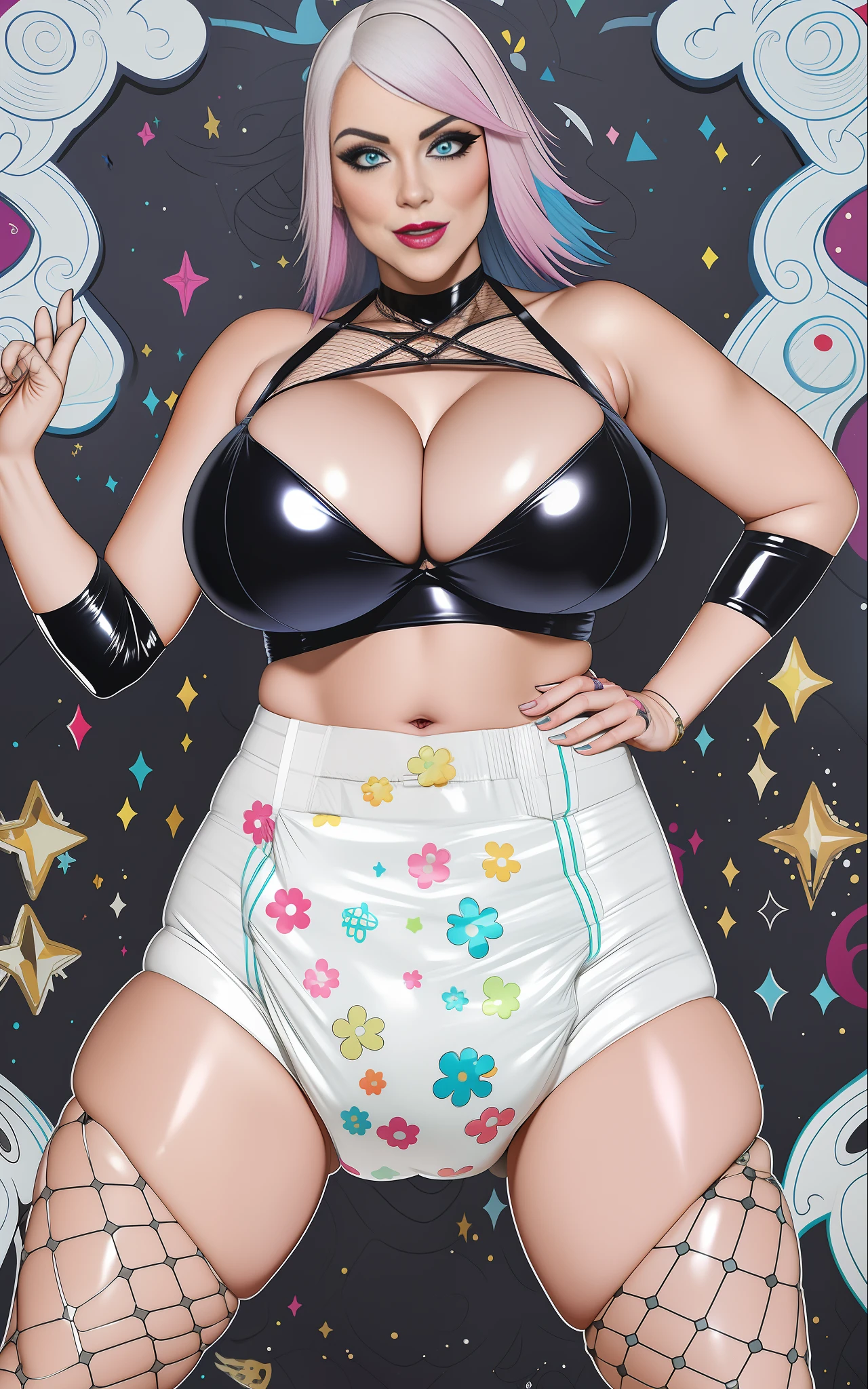 Sexy busty woman wearing (big diaper) magical, colorful, detailed, surprised, happpy, huge inflated breasts, wide hips, seductive, ((mommydom)), bokeh, (latex), cleavage, fishnets, goth, ahego, beautiful eyes
