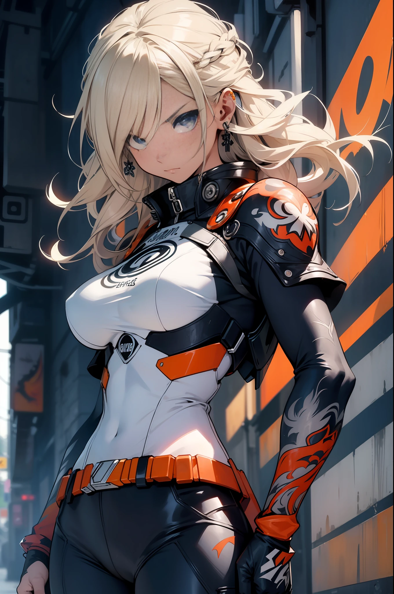 background, mixed-language_text, Japanese letters in graffit, girls, long blonde hair, excellent lighting, sidelighting, perfect ultimate (flat color: 1.3), (magazine_cover: 1.4), (multicolored_background: 1.3), striped_background, card_background, :: comix style by joe madureira :: circular pieces of white metals glued to the ultra detailed arms coming out sparkling brightness, super vivid illustration colors and with special touches, perfect and detailed, ultra detailed shirt with abstract design and with Japanese letters in graffit of the sides of the clothes, image of girls with big breast, on top of a futuristic motorcycle, with immersive effects, hover effect, background graffiti style tribal tattoo with flowers and vibrant colors, "ultra HDR" detailed and with focus effect, (masterpiece: 1.2, best quality), (beautiful eyes with huge eyelashes finely detailed: 1.2), , ((Solo)), (Finely detailed eyes and detailed face:1.3), in various full-body attack poses, (cute background: 1.2),futuristic costume, super detailed circular metals Clinging to arms and pants, fantastic paintings