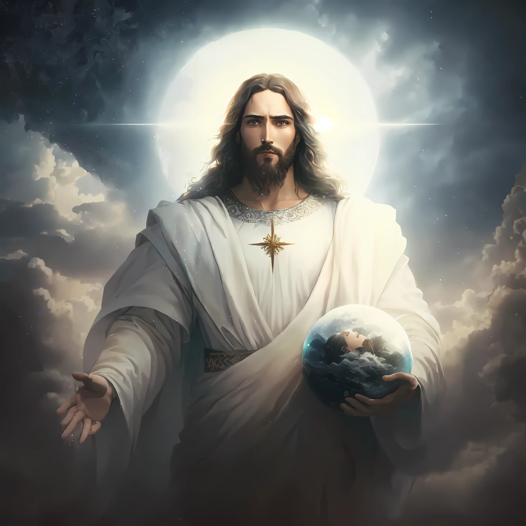 jesus walking on water in the middle of a storm, masterpiece, best quality, high quality, 8k extremely detailed CG unit wallpaper, award-winning photography, Bokeh, Depth of Field, HDR, bloom, chromatic aberration, photorealistic, extremely detailed, trend in artstation, trend in CGsociety, intricate, high detail, dramatic, art in the middle of the journey, volumetric lighting. Golden clothing