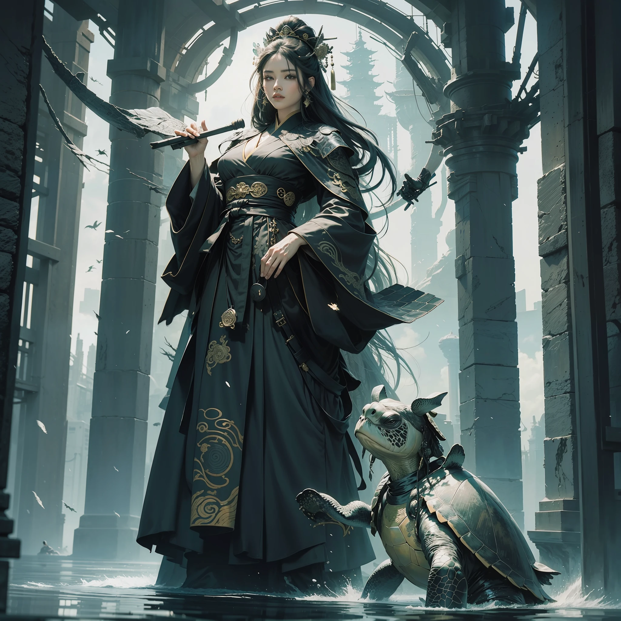 Chinese style, basalt fairy, ((black giant turtle)), god, queen, gorgeous clothes, beautiful coat, tortoiseshell pattern, (black robe), hanfu, lake, water, boulder, 32k --niji 5