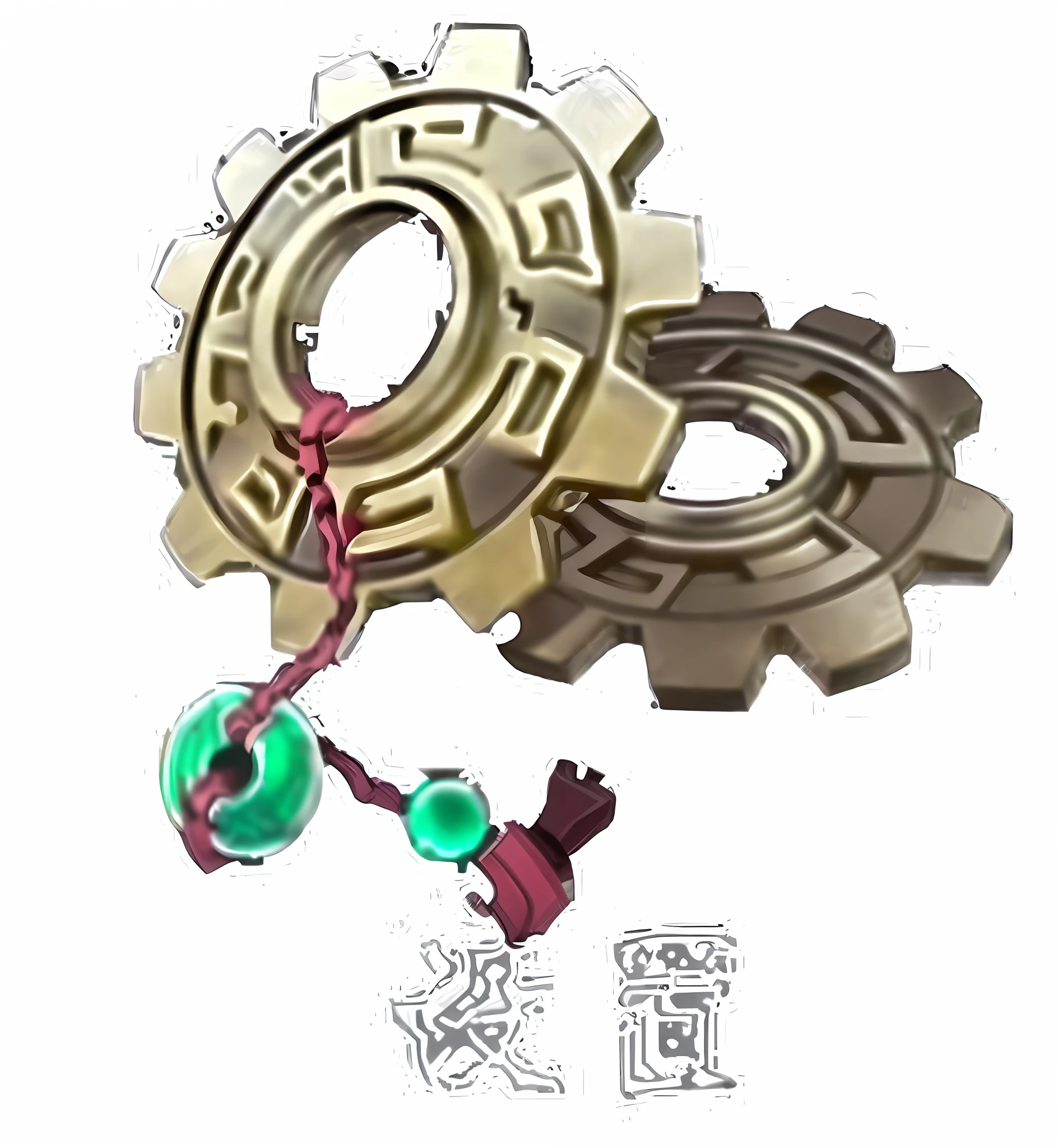 gears and a green ball are connected to a chain, cogwheel, cogs and springs and jewels, cogs, cogs and wheels, mechanical paw, mechanical gear, gears, ((gears)), cogs and gears, cogs:1000, ancient symbol behind it, mochiduki key, mechanism, maya engine, steampunk gears