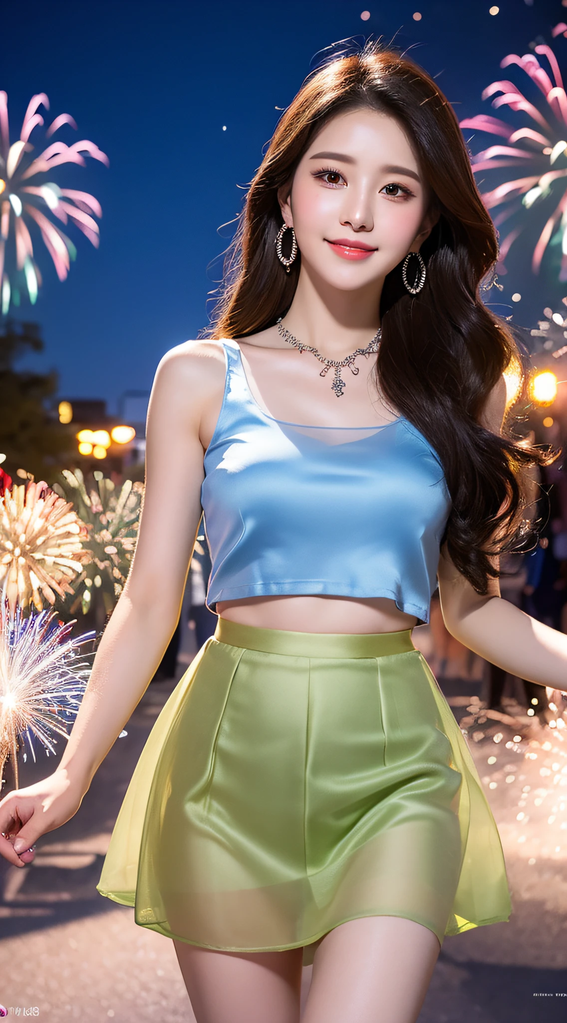 High detail, 8k resolution, super high resolution, a sweet girl cute maiden, color clear eyes, exquisite earrings, gemstone necklace, (smooth hair), collarbone, long eyelashes, sweet eyes, lying silkworms, smile, dynamic angle, ultimate picture quality, highest precision, precise perfect human body structure, night city, on the bustling street, (translucent skirt), (transparent skirt) (silk skirt), (fireworks blooming in the air), front look at the camera