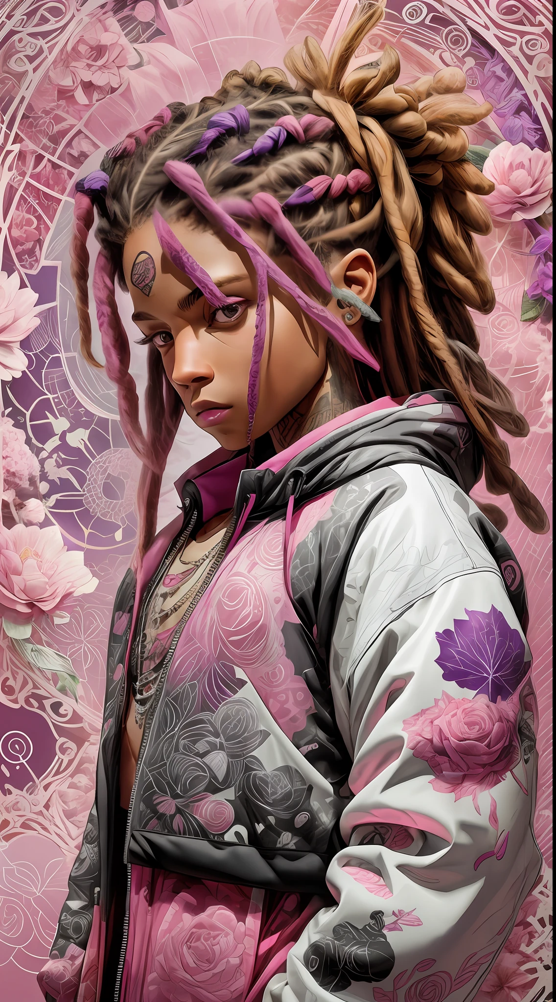roxo:1.2,pink:1.1,white:1.5,rusty:1.3,textures:1.7 (rapper with dread hair),tattoos, (power puffer clothes:1.2),flowers,leaves,fog,lines,circles background