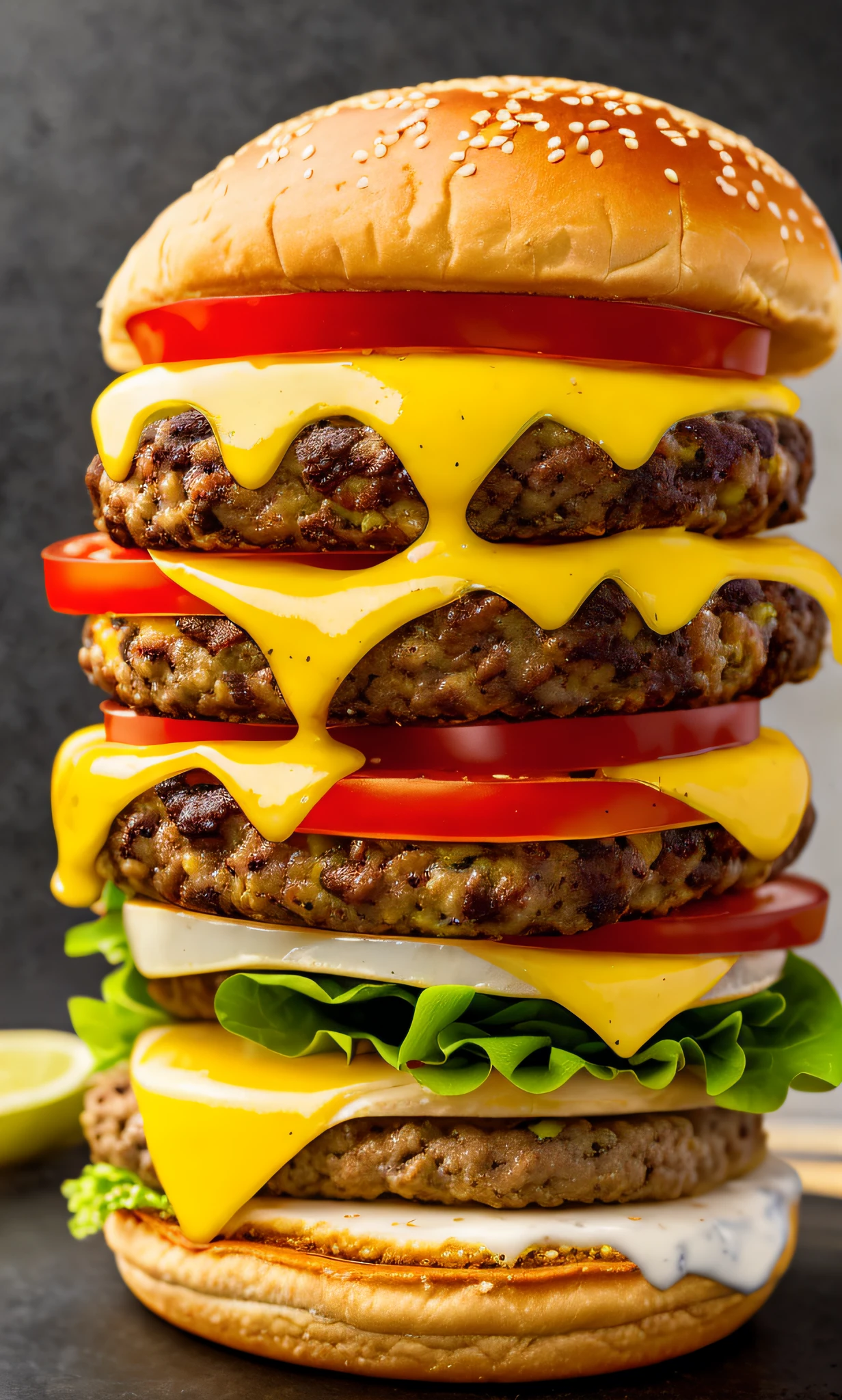 Ultra realistic juicy cheeseburger product photo against a dark background, two-tone lighting, advertising, octane, unreal, 8k, A closeup of a burger with cheese, tomato and lettuce, juicy burger, burger on a plate, cheeseburger, burger with mouth, super realistic food image, 4K food commercial, hamburger, burger with human mouth, a hyper realistic, high quality food photography, professional food photography, serving Big Macs, masterpiece artwork, delicious pie with sesame seeds