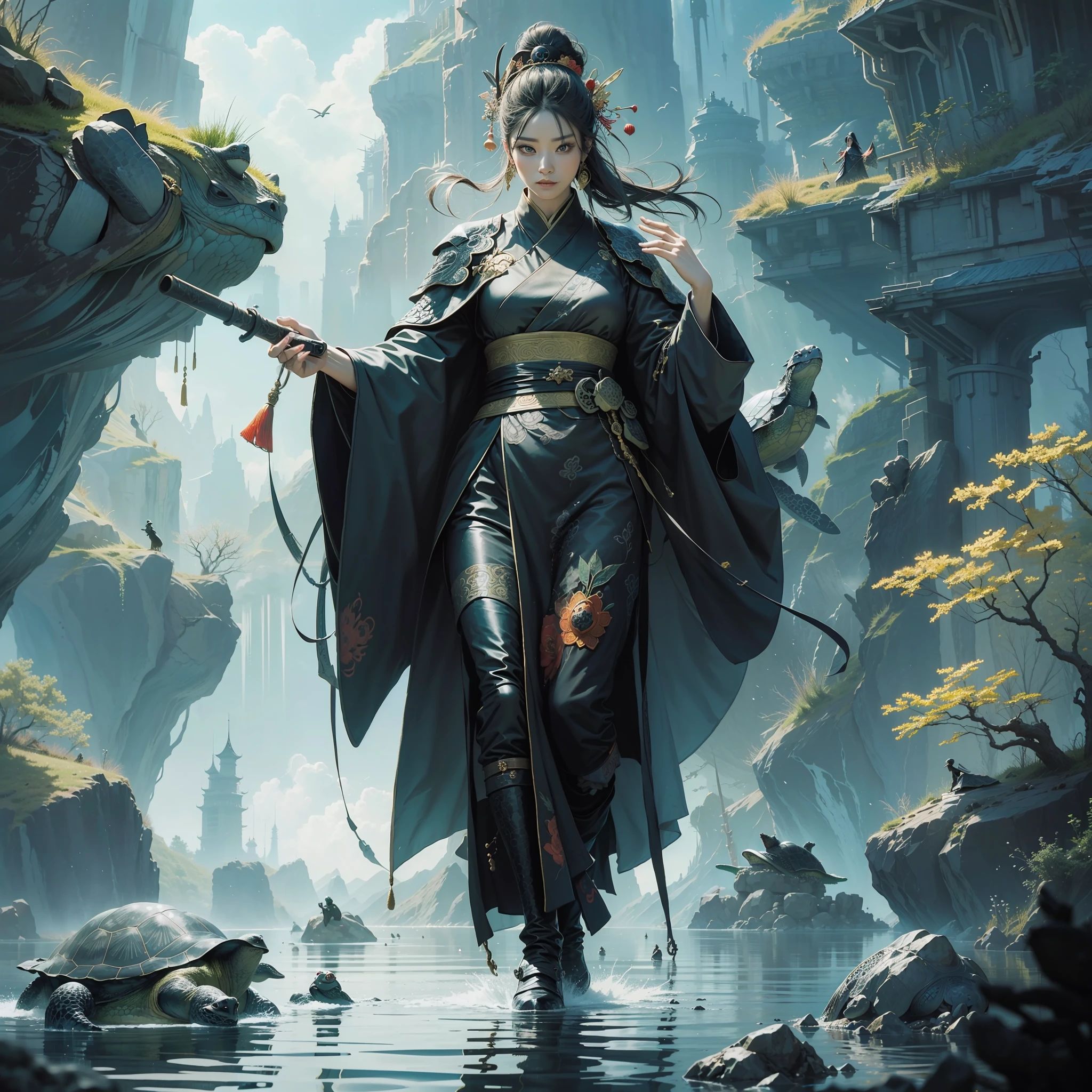 Chinese style, basalt fairy, ((black giant turtle)), god, queen, gorgeous clothes, beautiful coat, tortoiseshell pattern, (black robe), hanfu, lake, water, boulder, 32k --niji 5