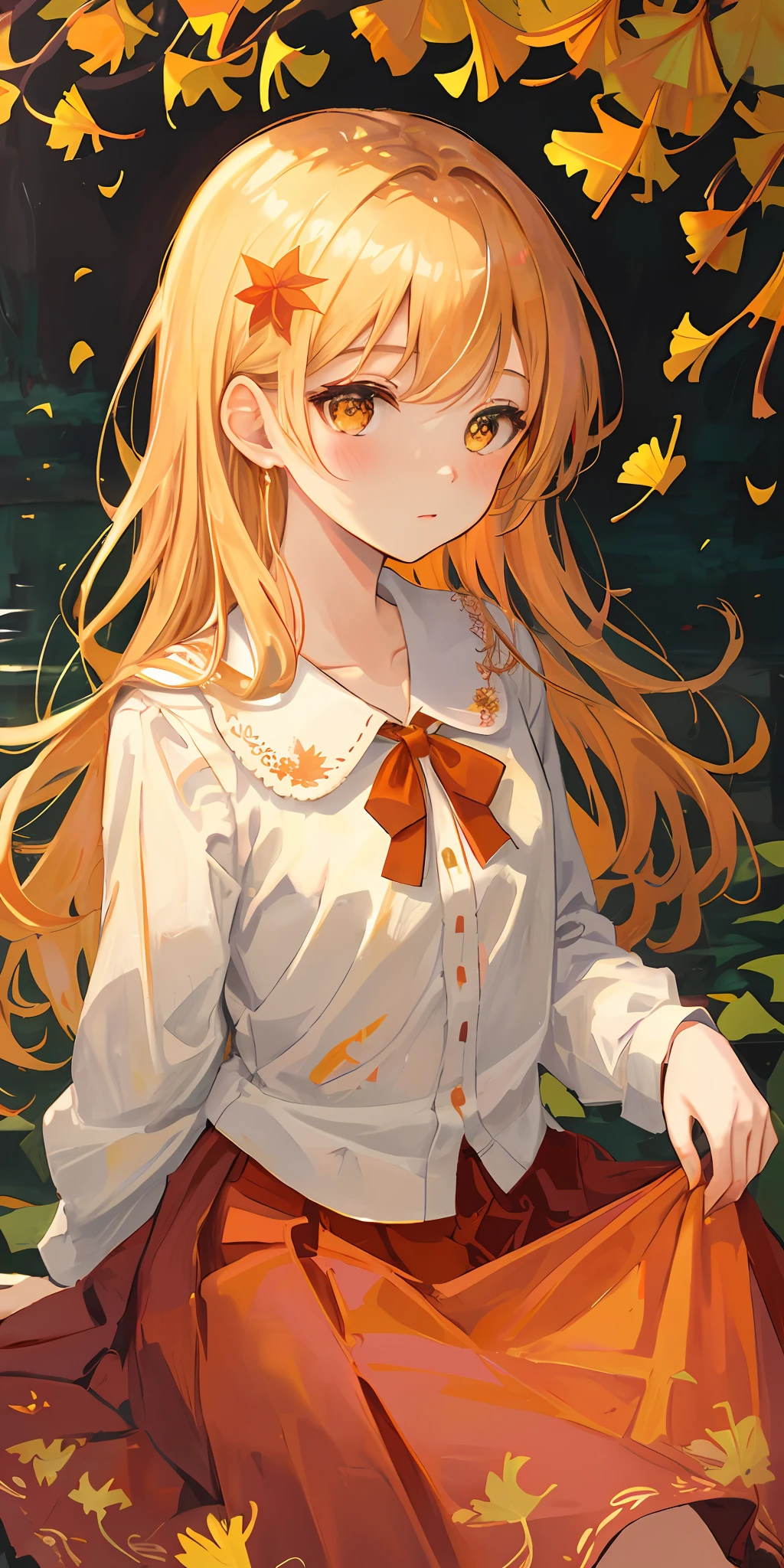 masterpiece, best quality, Amazing, Intricate and refined delicate details, Extremely detailed lovely illustration, Extremely detailed lovely wallpaper, high resolution illustration, dramatic angle,
solo,(cute:1.0),Beautiful and lovely eyes, Extremely cute face,(aki_shizuha:1.3),1girl,acorn,autumn,
autumn_leaves,
bangs,
blonde_hair,
blush ,
border,
yellow_eyes,
buttons,
clothes_lift ,
cowboy_shot,
dragonfly,
falling_leaves,
ginkgo_leaf,
simple_background ,
hair_ornament,
leaf,
leaf_hair_ornament,
leaf_on_head,
leaf_print,
leaves_in_wind,
long_sleeves,
looking_at_viewer,
maple_leaf,
open_mouth ,
orange_skirt,
orange_theme,
outside_border,
red_shirt,
red_skirt,
shirt,
long_hair,beret,
skirt,
skirt_basket,
skirt_hold ,
skirt_lift,
solo,
starfish,
waterfall,
white_border,
white_shirt ,
yellow_eyes,