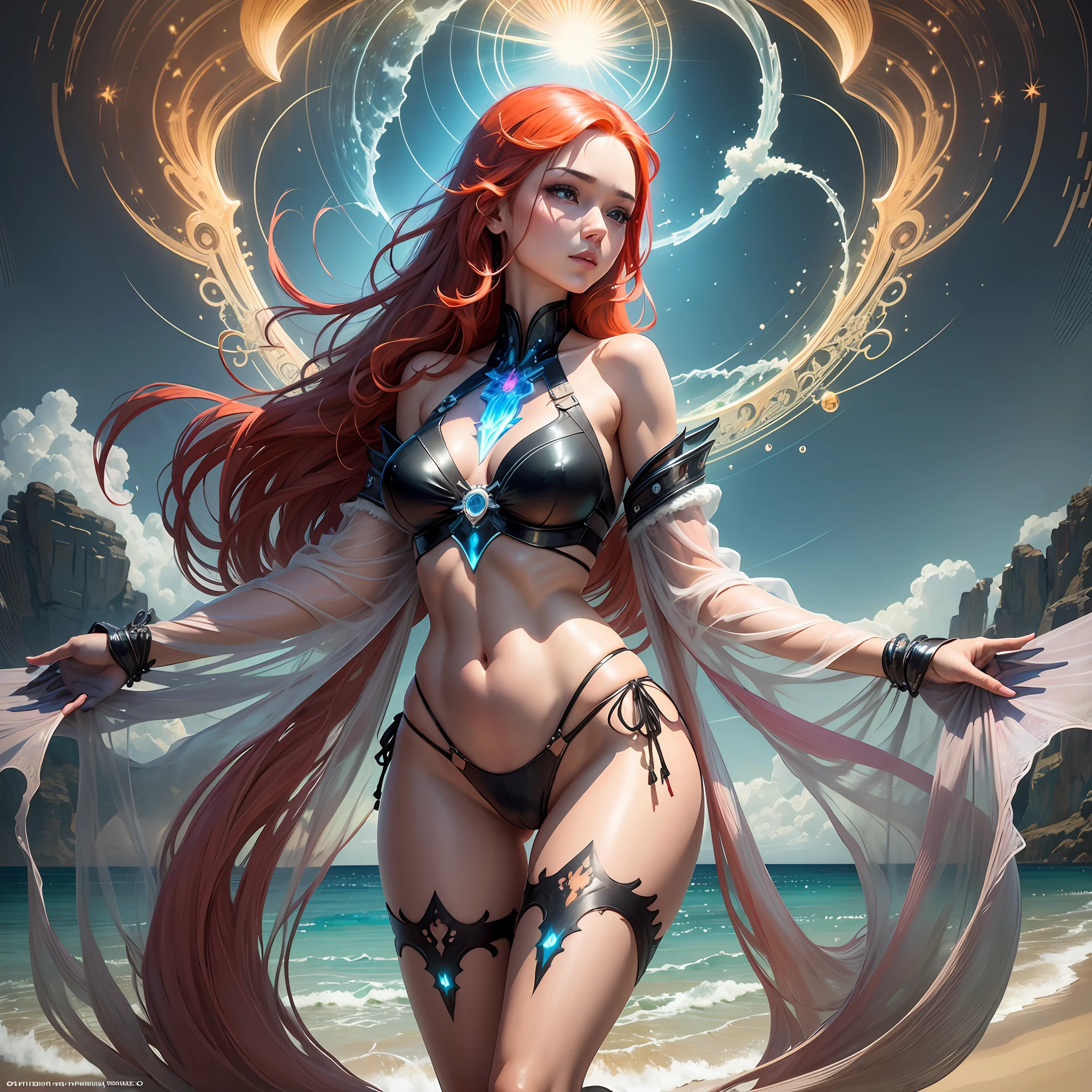 Translucent bikini woman poses on a beach, red-haired goddess, karol bak uhd, anime goddess, beautiful seductive anime woman, ross tran 8k, translucent bikini, full body CGSOCIETY, realistic bikini, deviantart artstation cgscosiety, cinematic goddess body shot, beautiful goddess, beautiful realistic, (full body girl), large, small lingerie, thin lace, beautiful face, sun, cinematic light, a beautiful woman,  beautiful eyes, perfect anatomy, very beautiful, princess eyes, (black eyes), (head frame), centered image, stylized, bioluminescence, --auto --s2